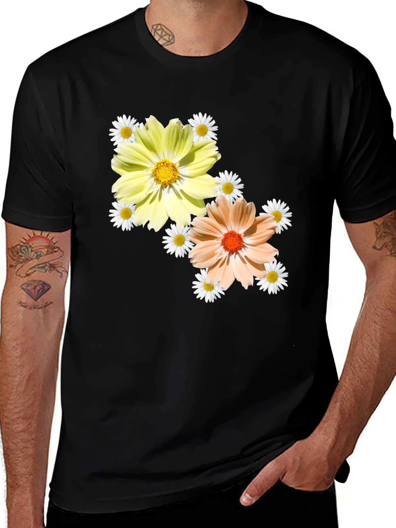 Variant 11 of Floral T-Shirt - Black Cotton Tee with Flower Design