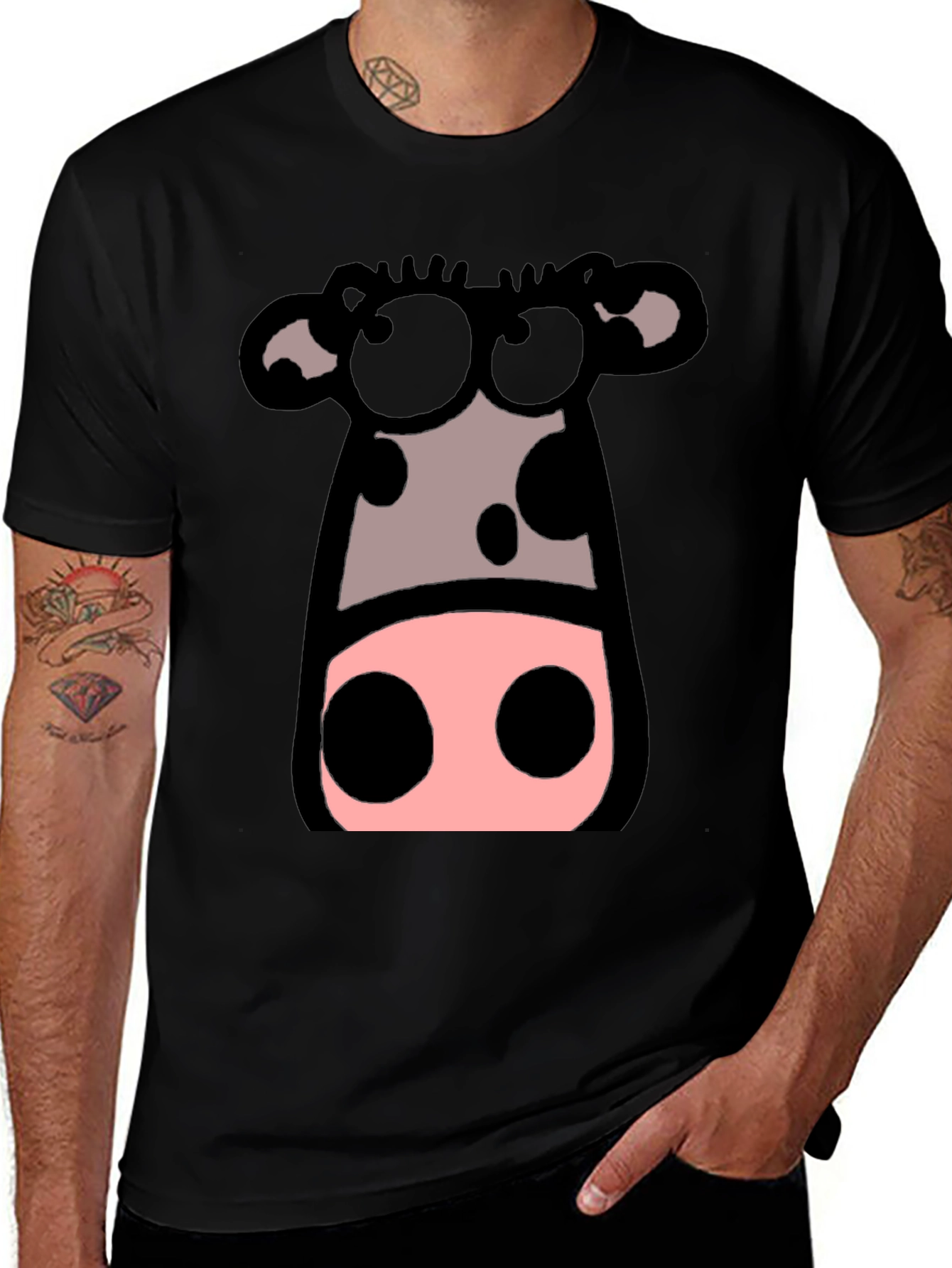 Variant 3 of Cartoon Cow Graphic Tee - Black Crew Neck T-Shirt