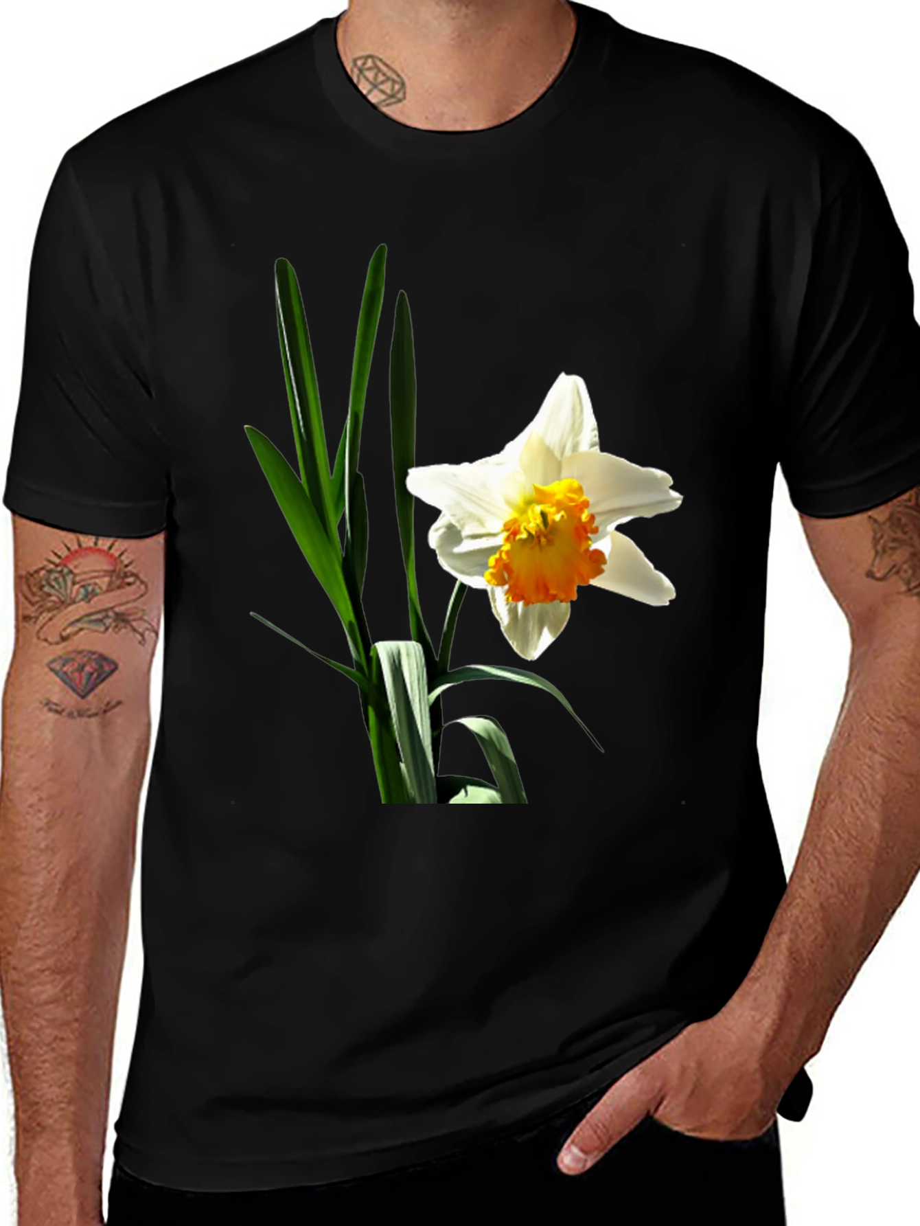 Floral Graphic T-Shirt - White Daffodil on Black