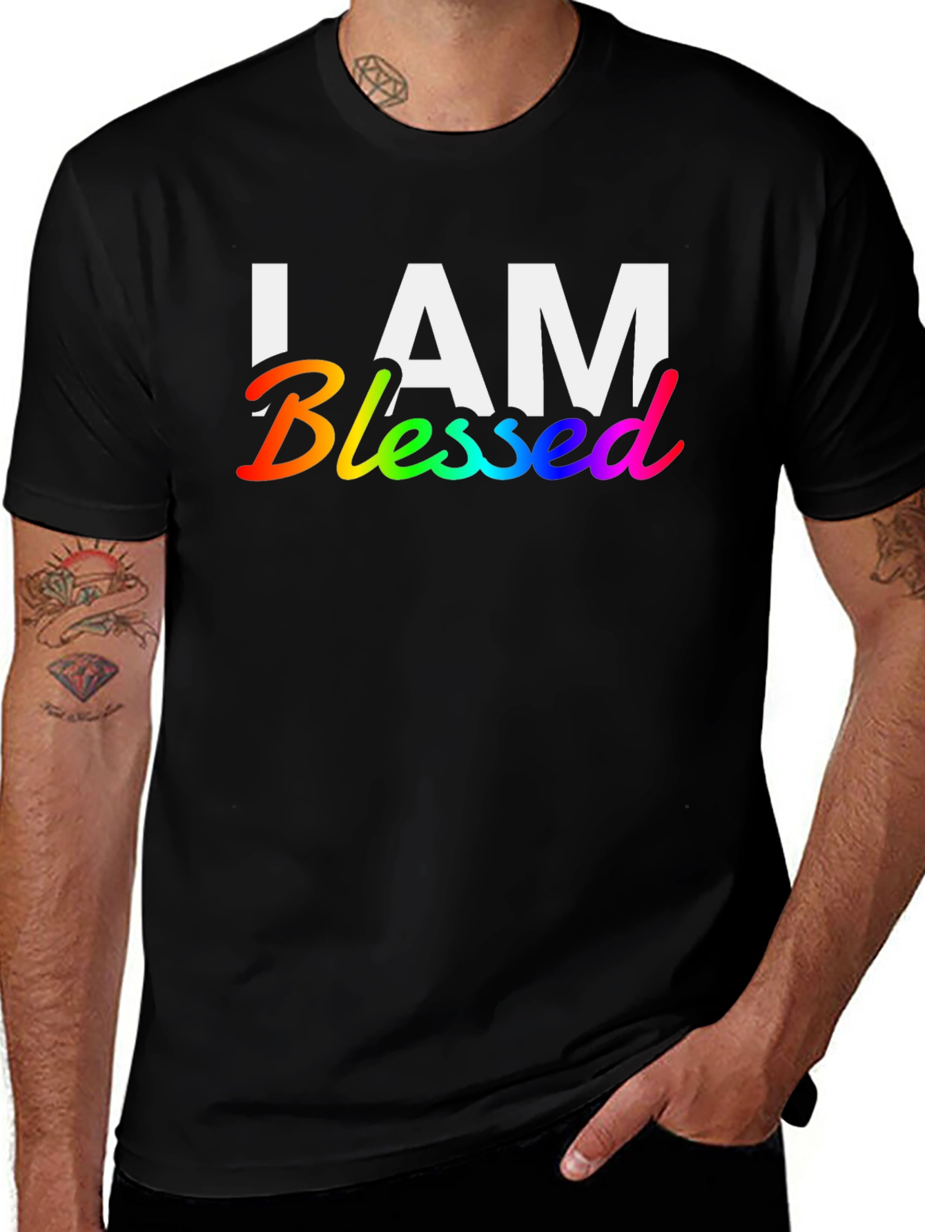 Variant 28 of I AM Blessed Black T-Shirt - Rainbow Graphic Print