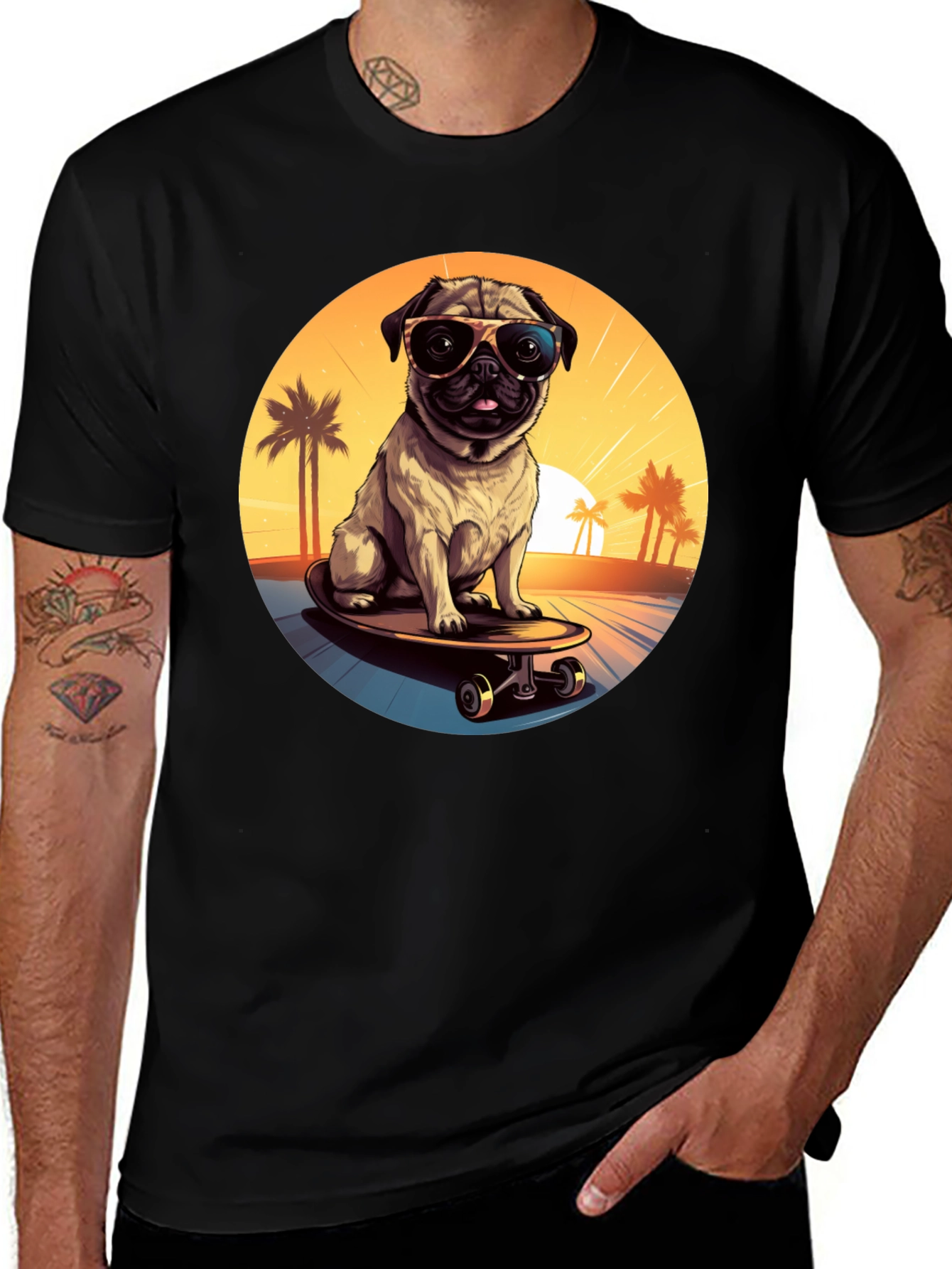 Variant 6 of Cool Pug Skateboard Sunset Graphic Tee