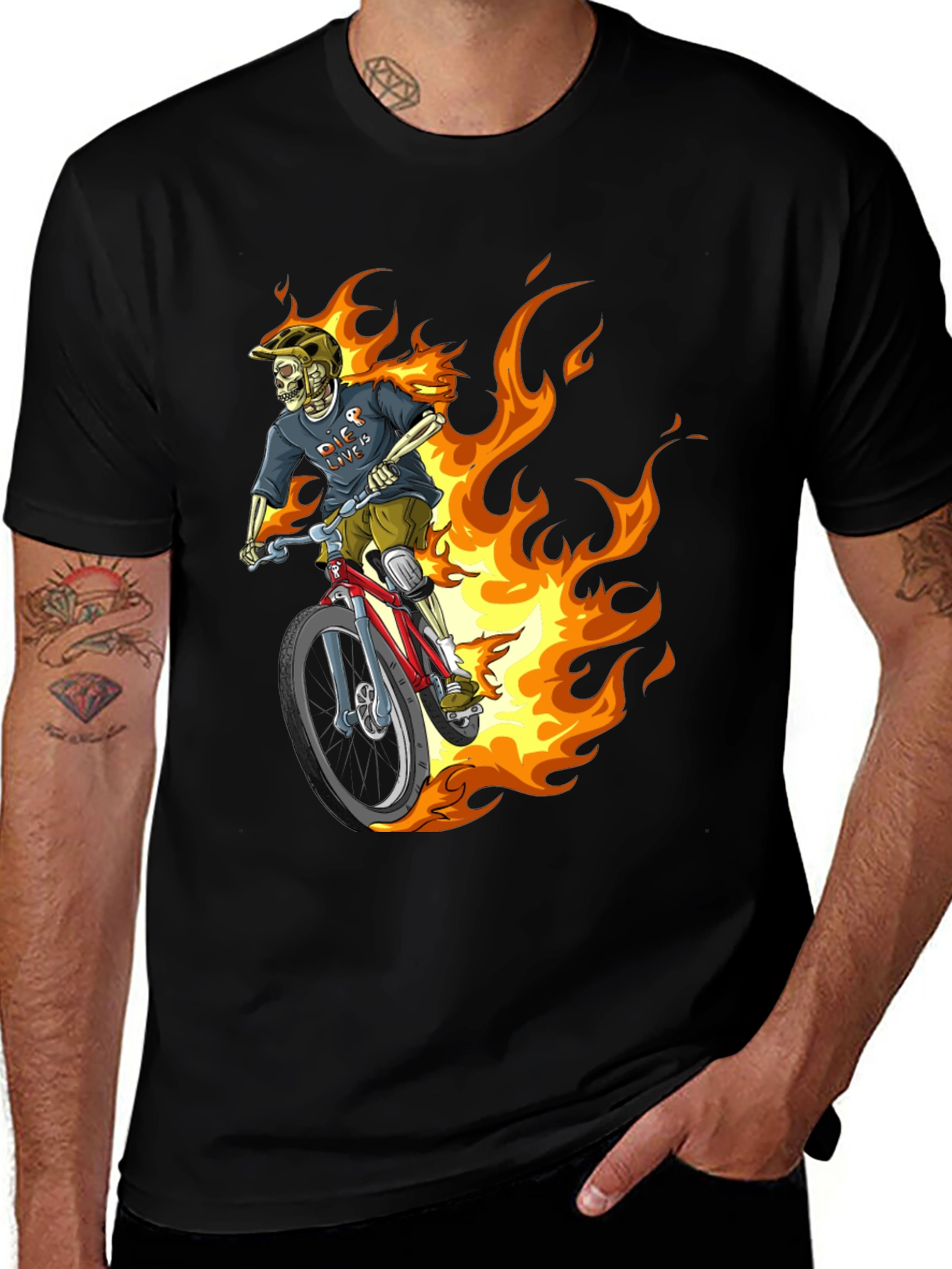 Variant 19 of Fiery Skeleton Biker Graphic Tee - Black