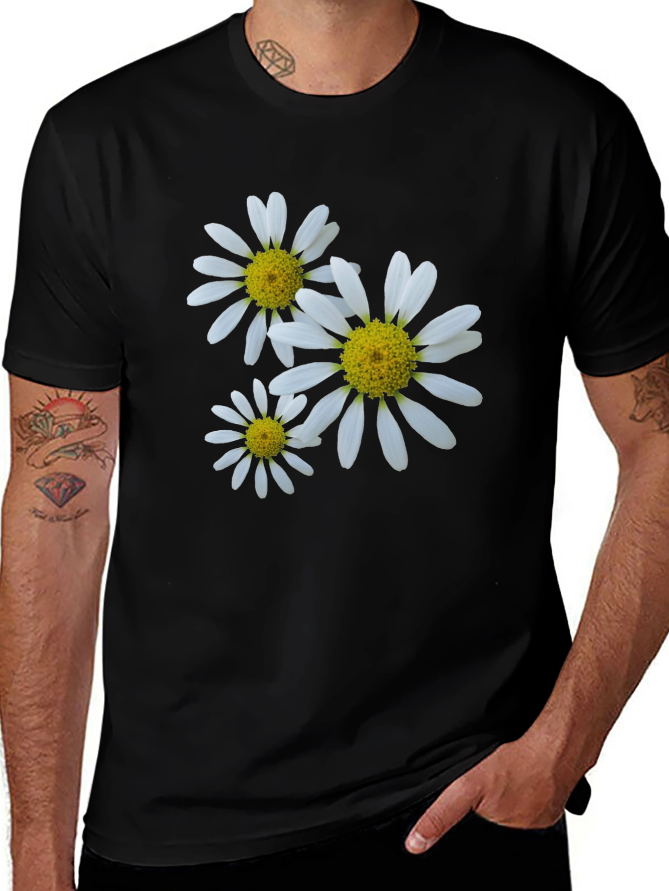 Daisy Flower Print Black T-Shirt