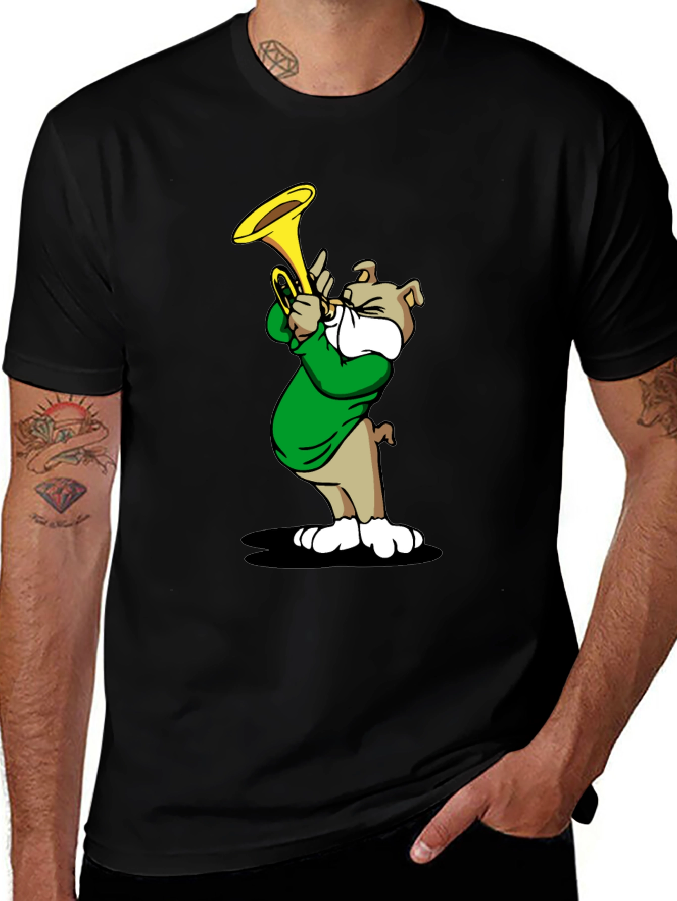 Variant 15 of Bulldog Trumpet Player Black T-Shirt