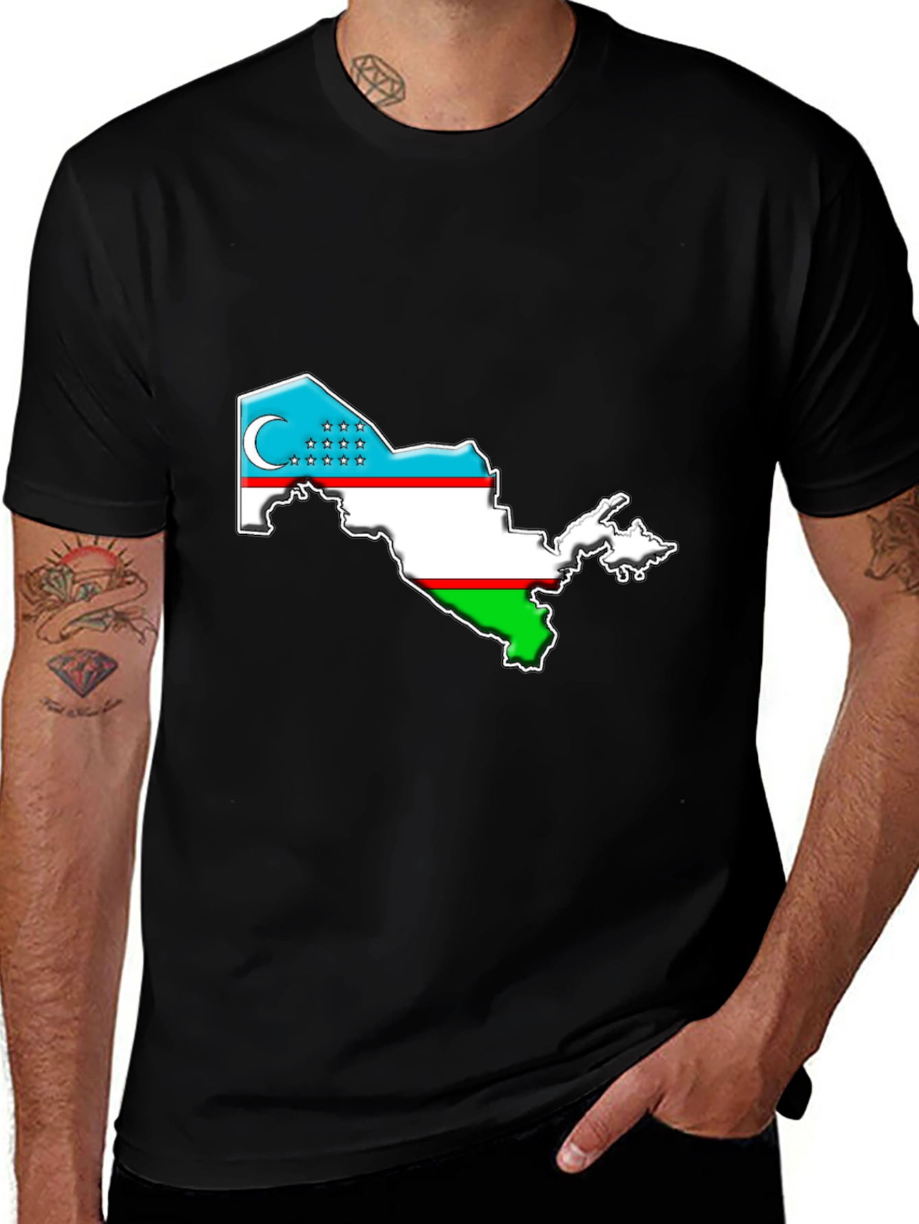 Variant 11 of Uzbekistan Flag Map Black T-Shirt
