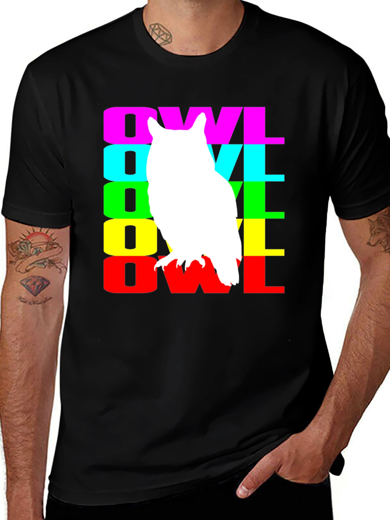 Variant 10 of Retro Owl Graphic Tee - Black Cotton T-Shirt