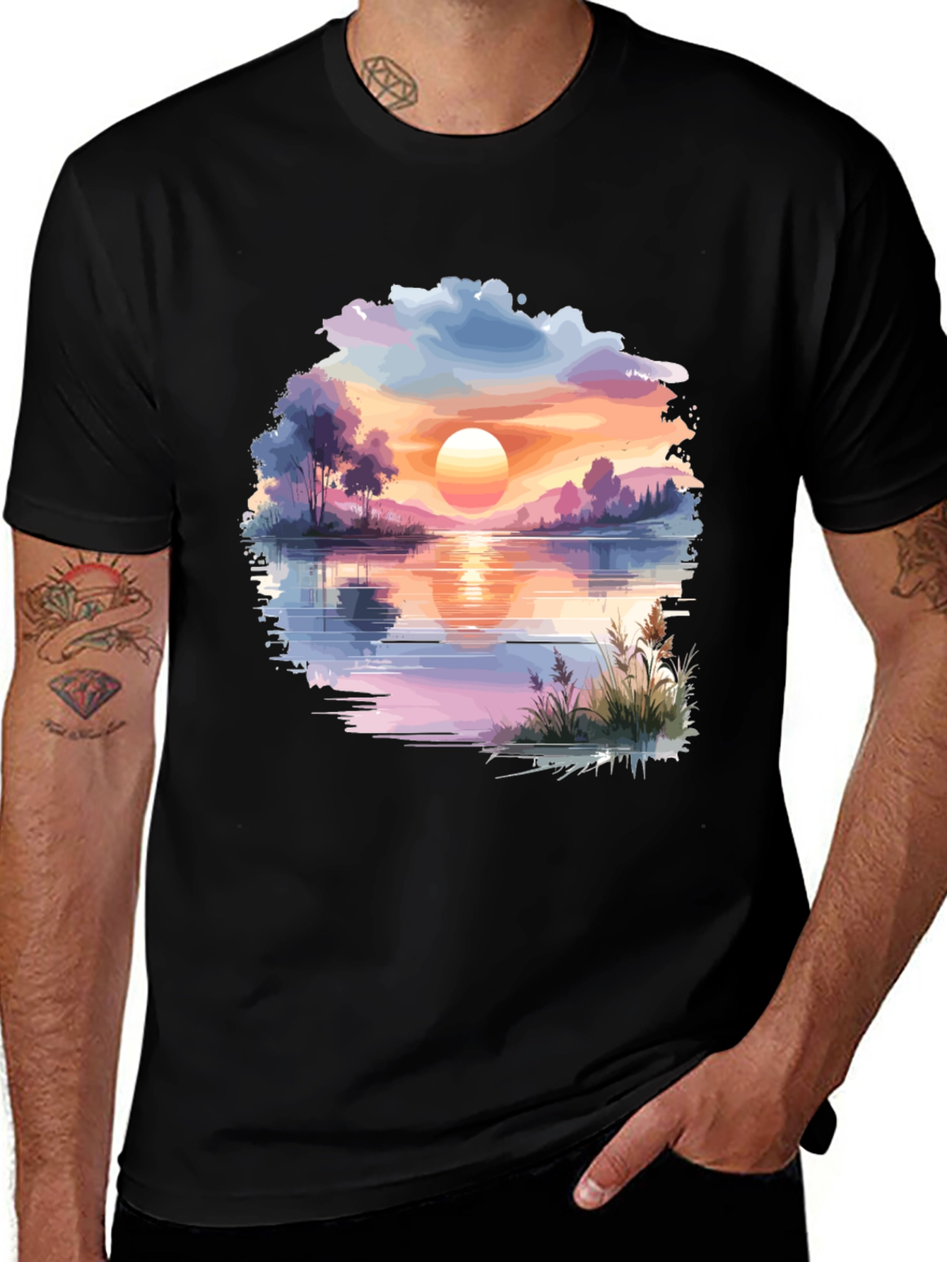 Variant 12 of Scenic Sunset Lake Graphic Tee - Stylish & Comfortable