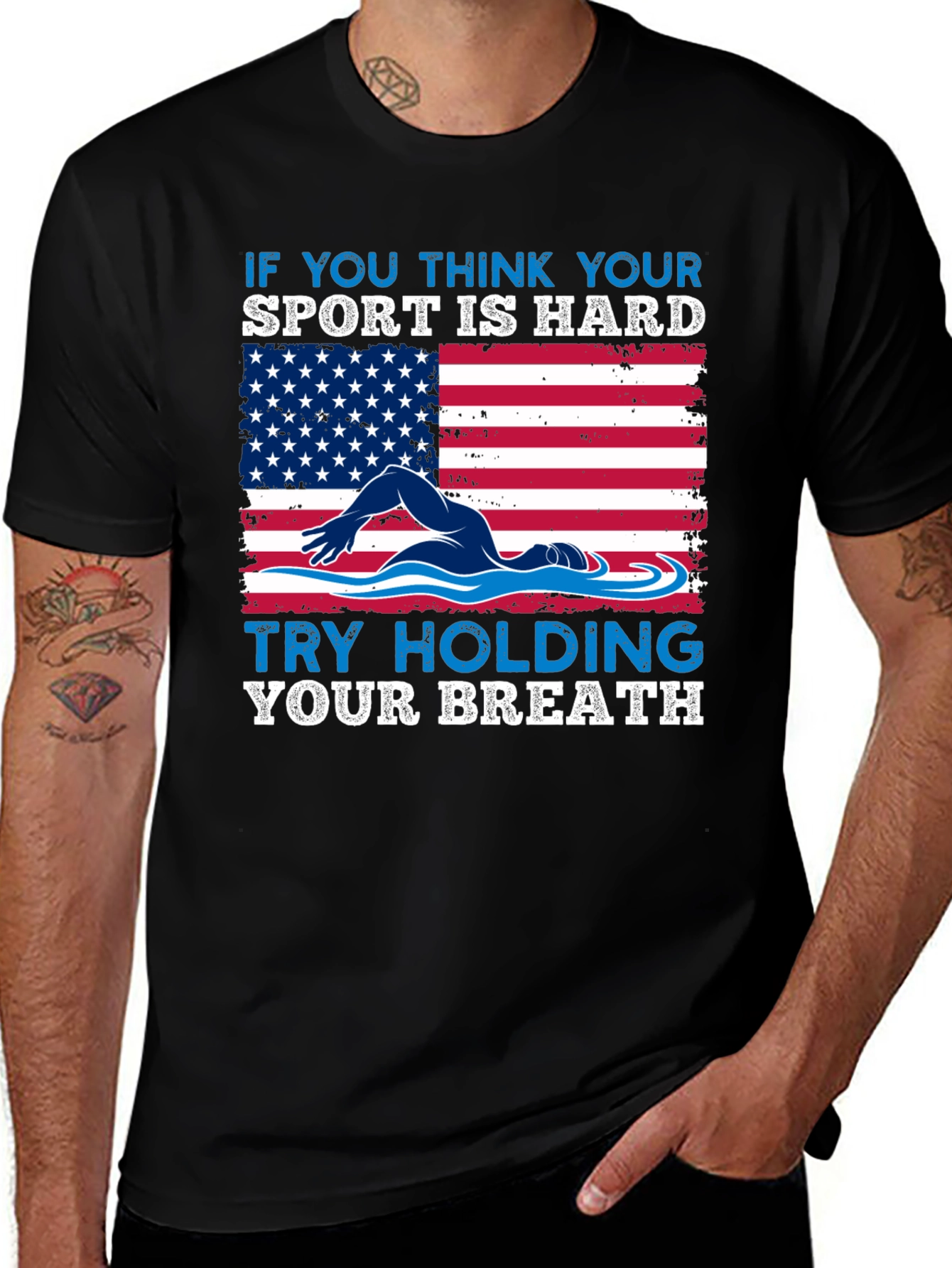 Black Swimming American Flag T-Shirt - Try Holding Your Breath main image