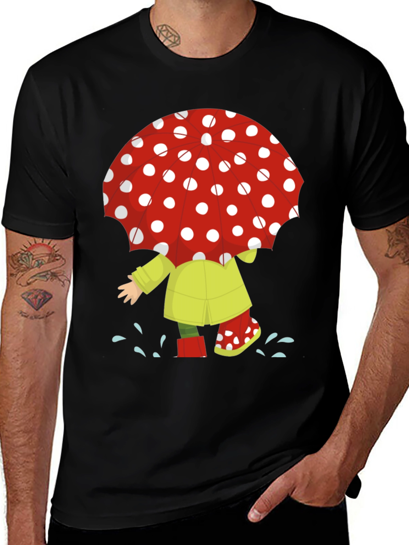Rainy Day Fun T-Shirt: Cartoon Umbrella & Raincoat