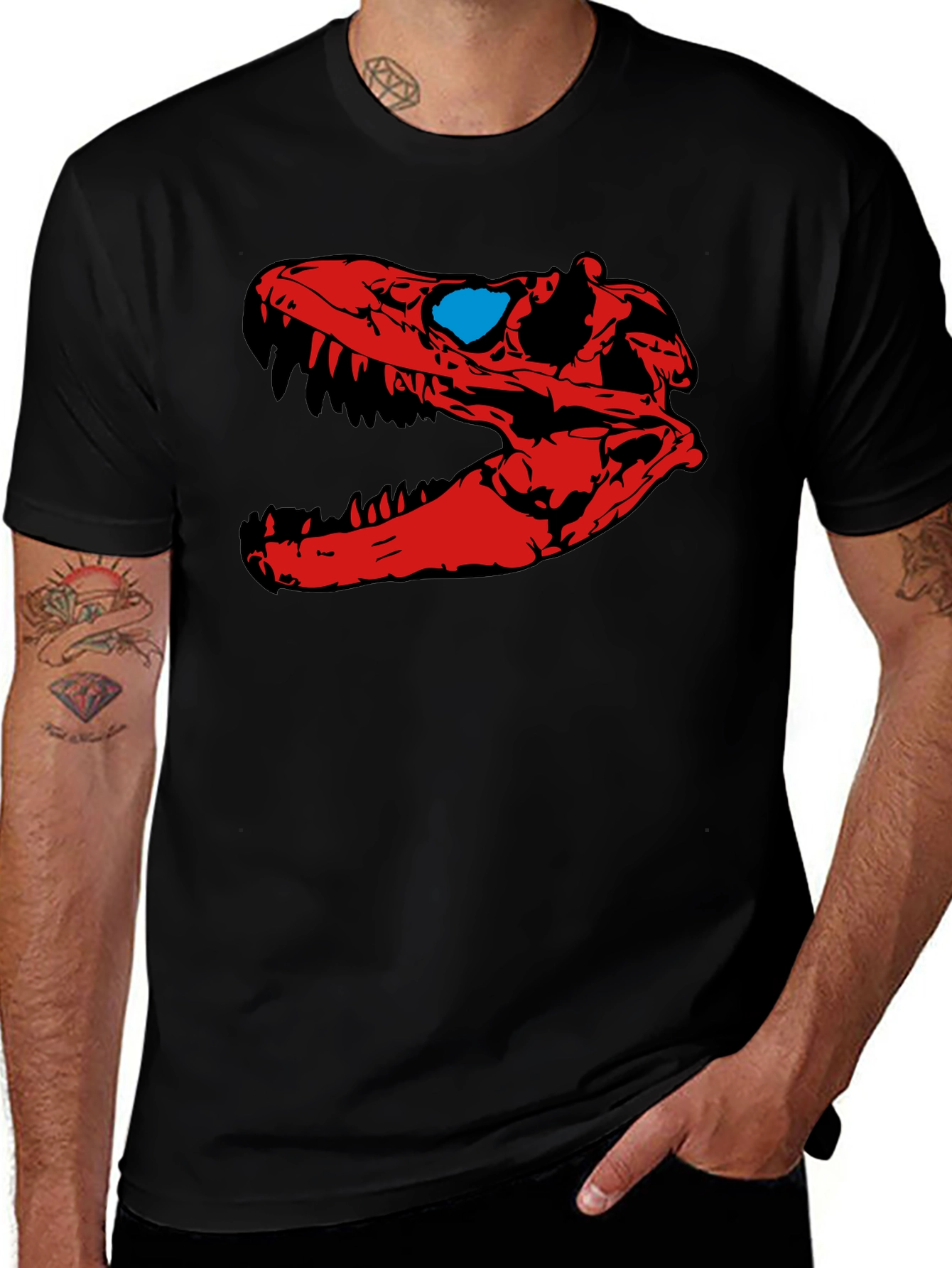 Variant 24 of Dino Skull Graphic Tee - Red & Blue Design