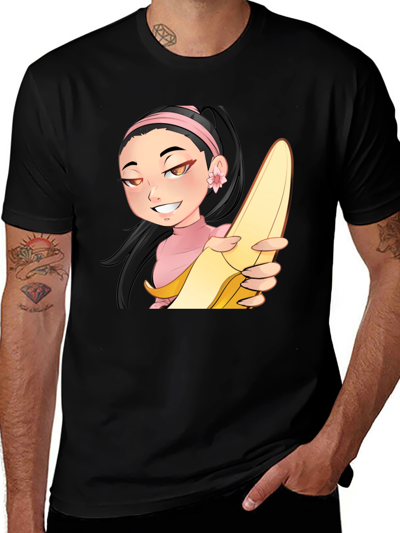 Black Anime Girl with Banana Black T-Shirt main image