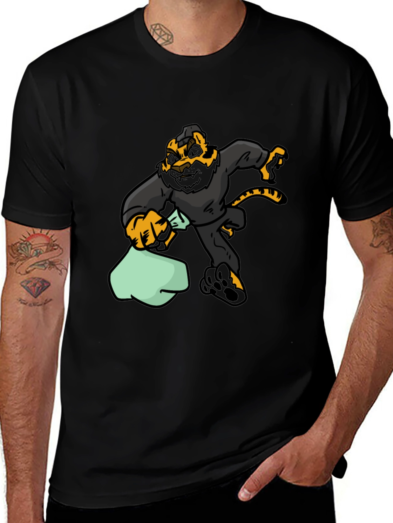Variant 26 of Cartoon Tiger Thief Graphic Tee - Black Cotton T-Shirt
