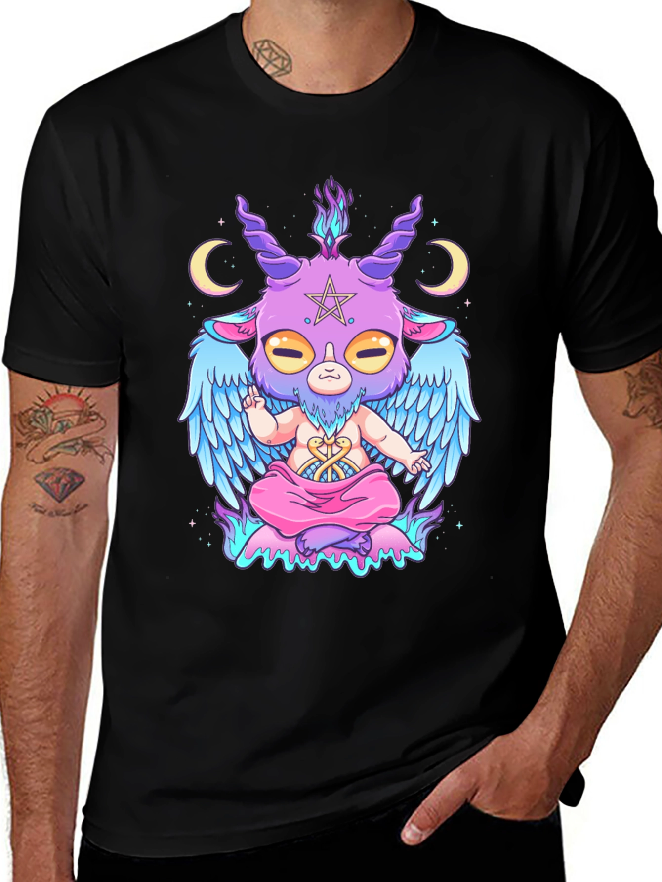 Variant 18 of Baphomet Cartoon Graphic Tee - Black Cotton T-Shirt