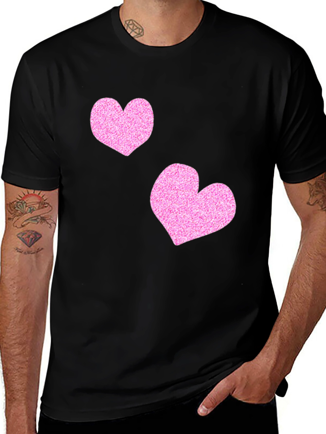 Stylish Black T-Shirt with Glitter Pink Heart Design