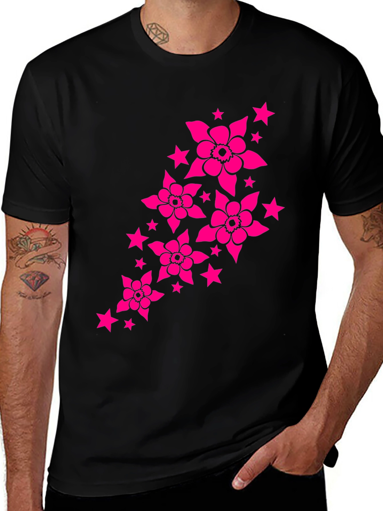 Variant 2 of Stylish Black T-Shirt with Pink Floral & Star Design