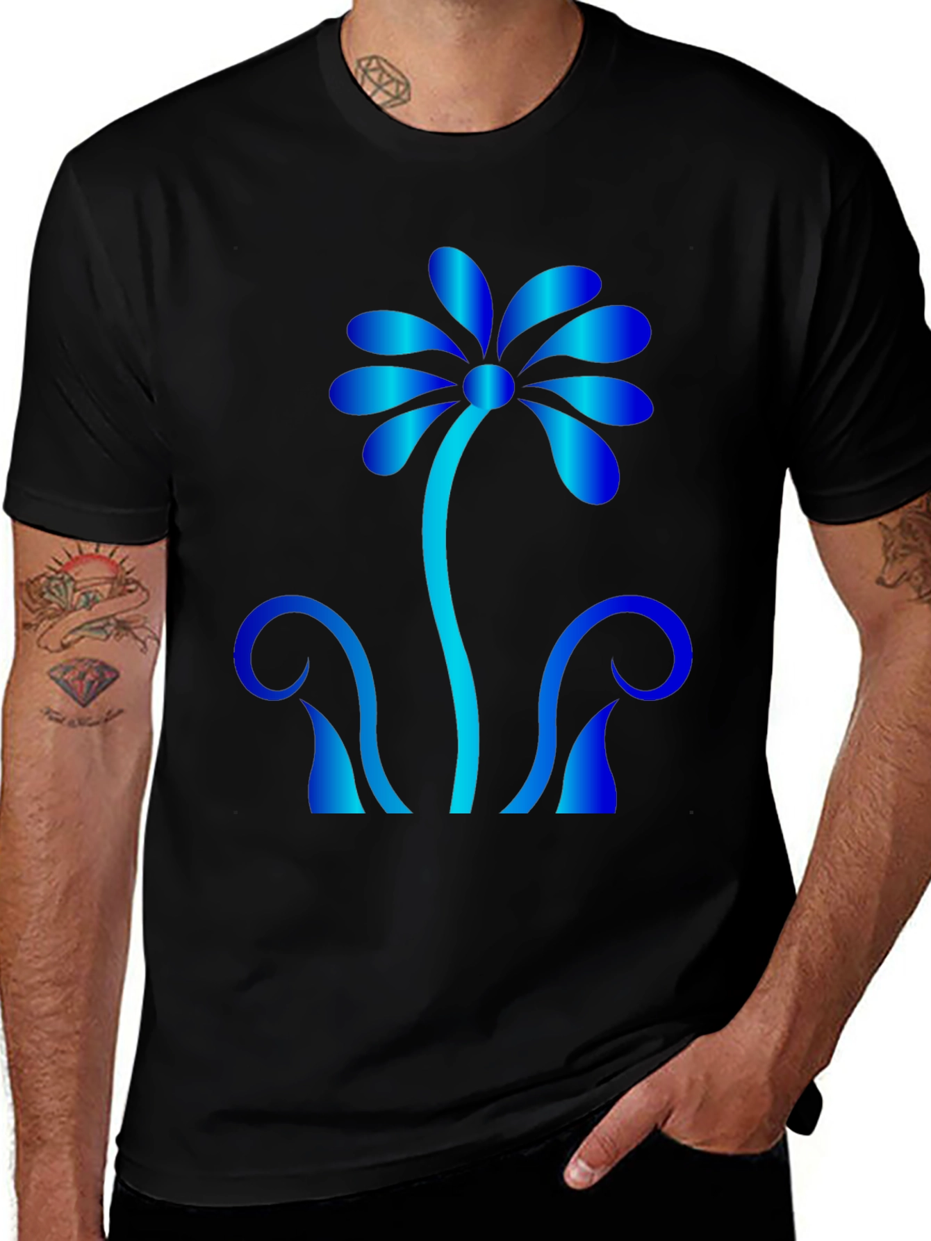 Variant 4 of Blue Floral Graphic Print Black T-Shirt
