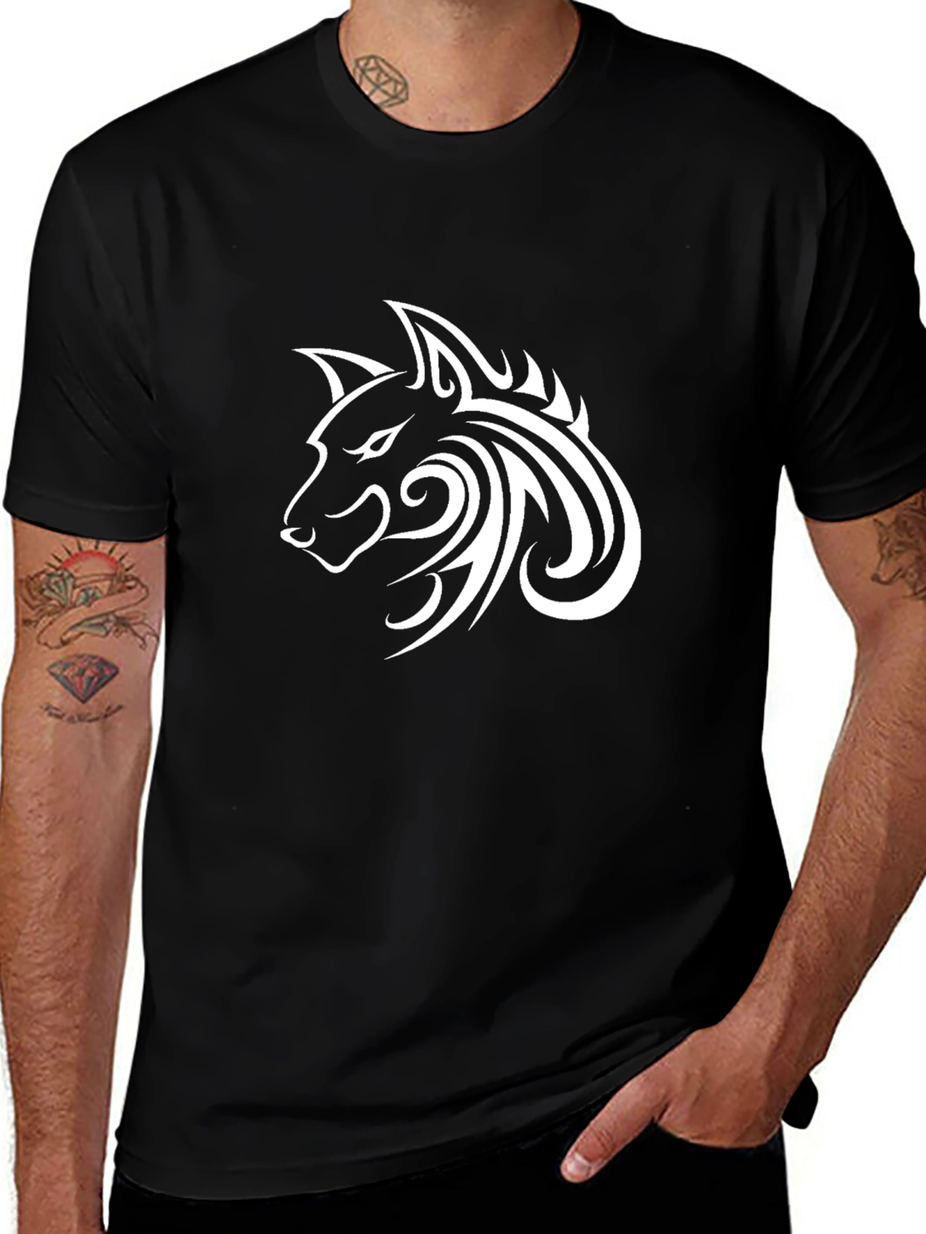 Variant 10 of Wolf Graphic Black T-Shirt - Tribal Design