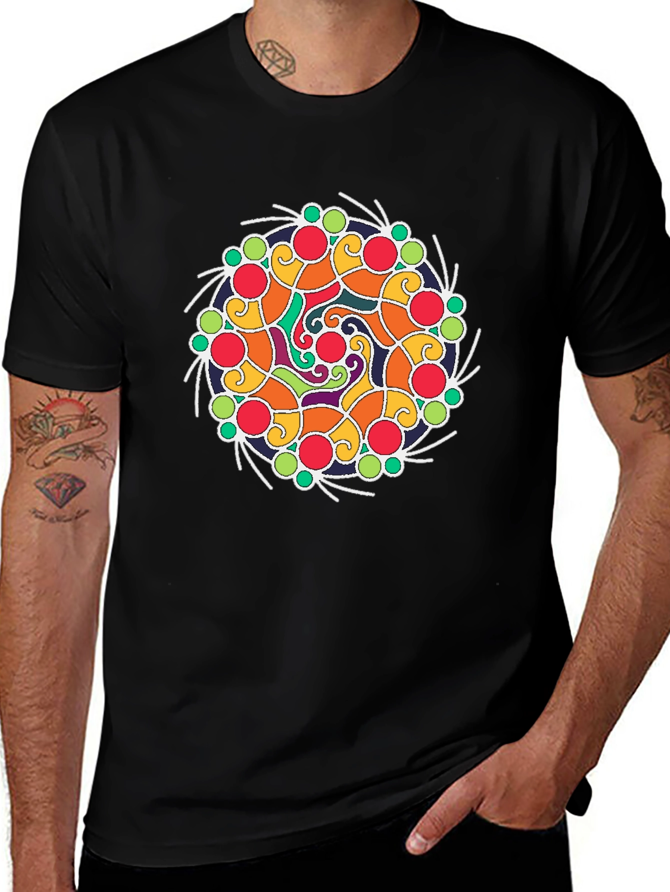 Variant 6 of Colorful Mandala Graphic Print Black T-Shirt