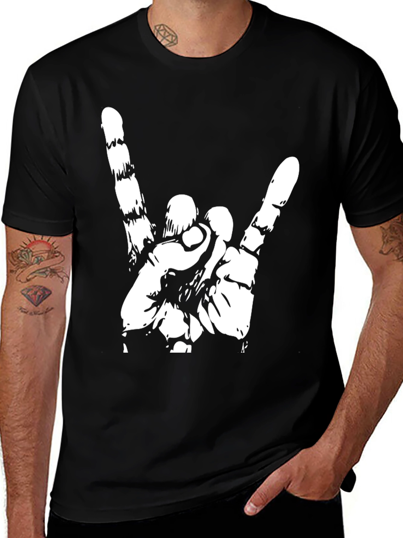 Variant 23 of Rock On Hand Gesture Black Graphic Tee