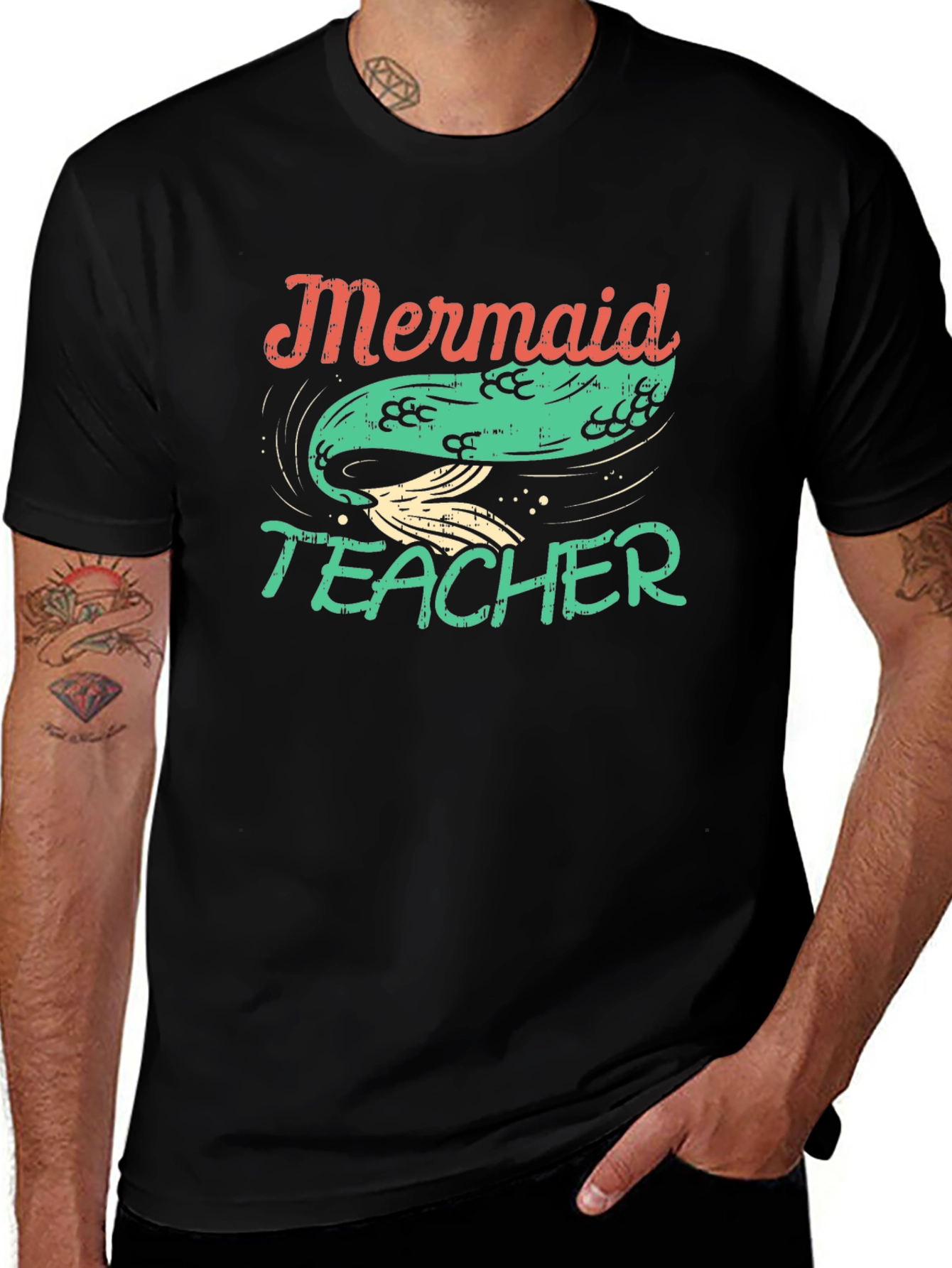 Variant 15 of Mermaid Teacher Graphic Tee - Black Cotton T-Shirt