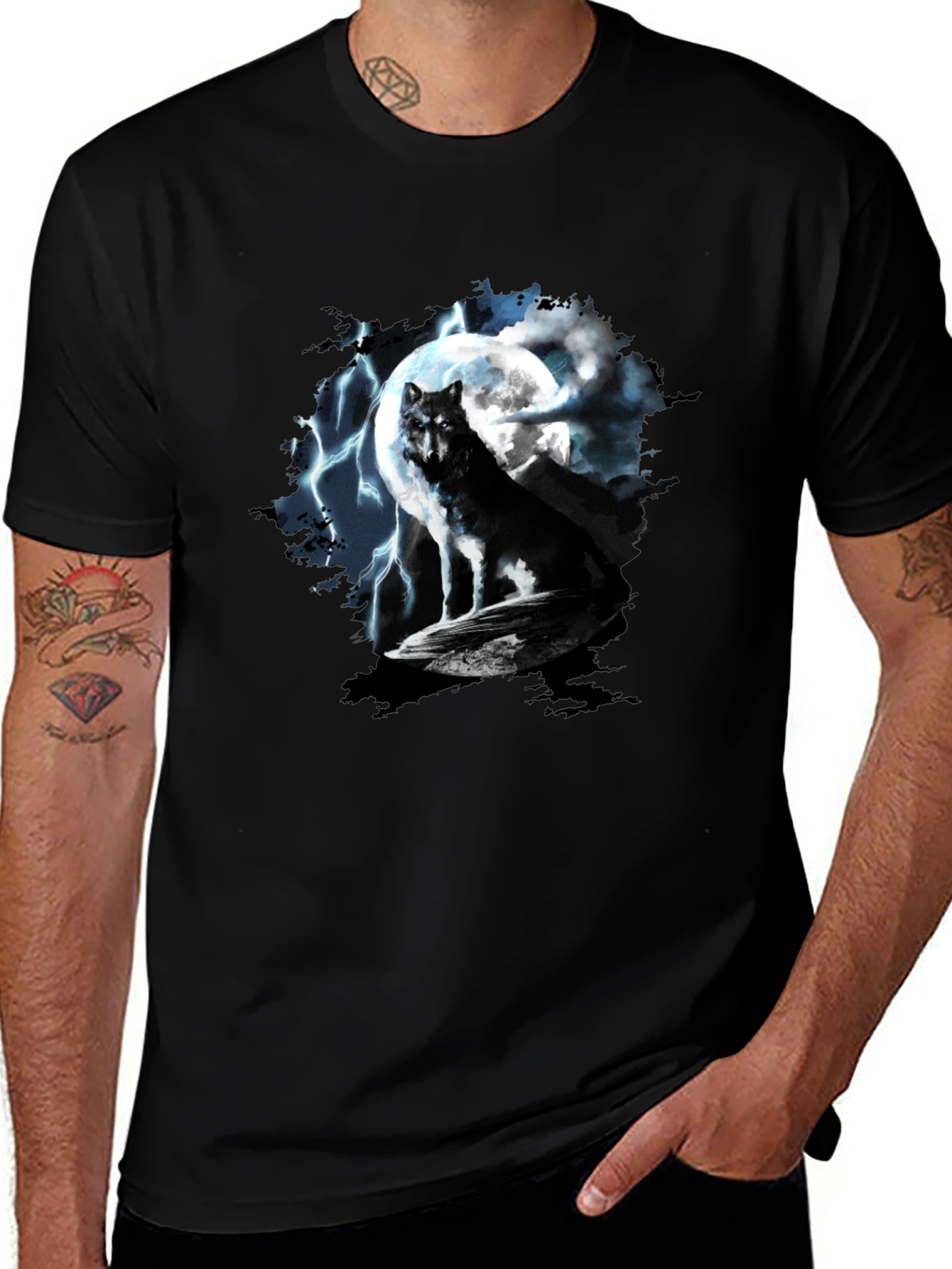 Variant 26 of Wolf Moon Lightning Graphic Black T-Shirt