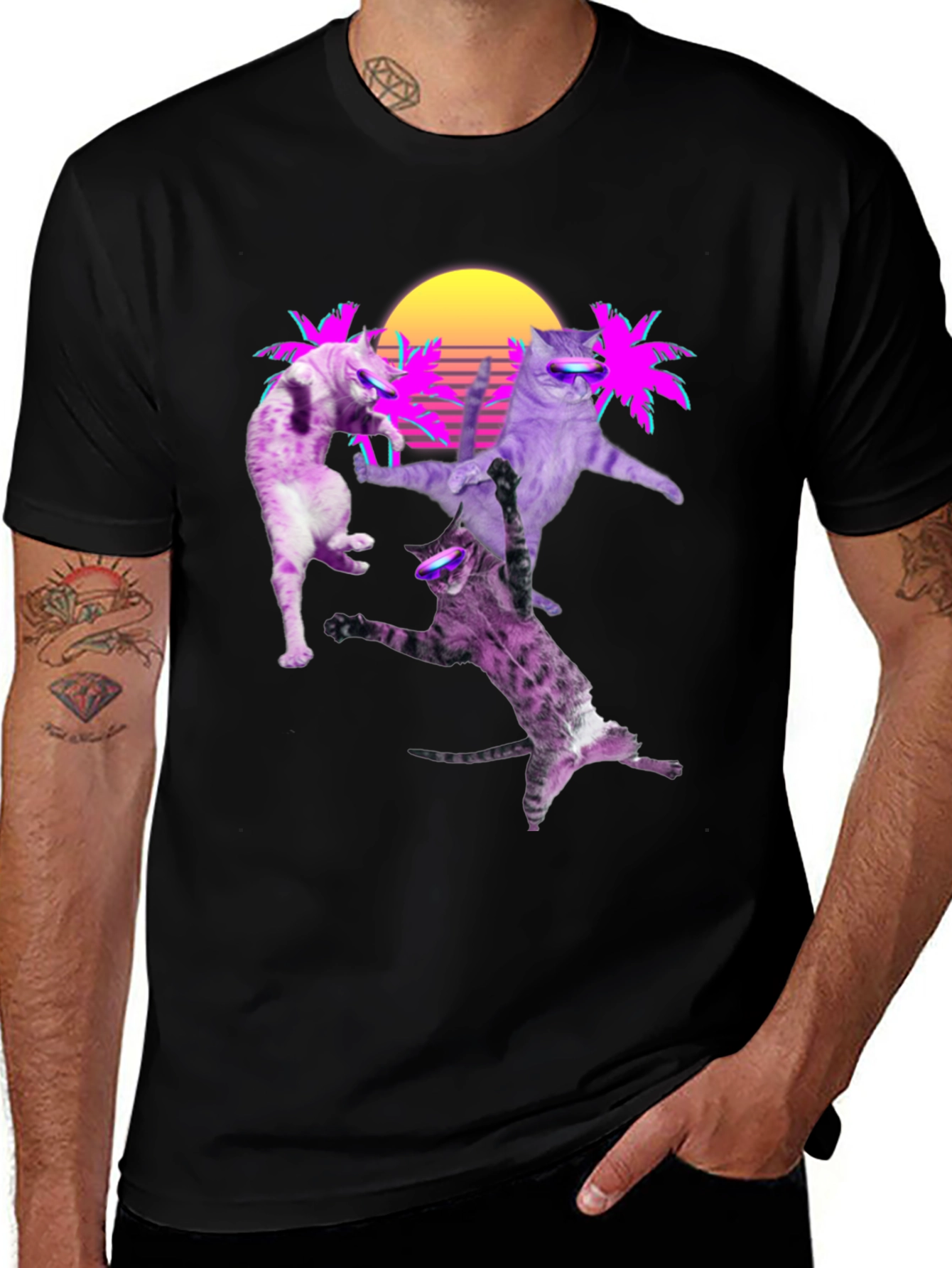 Variant 23 of Retro Cats T-Shirt - Neon Palm & Sunset Design