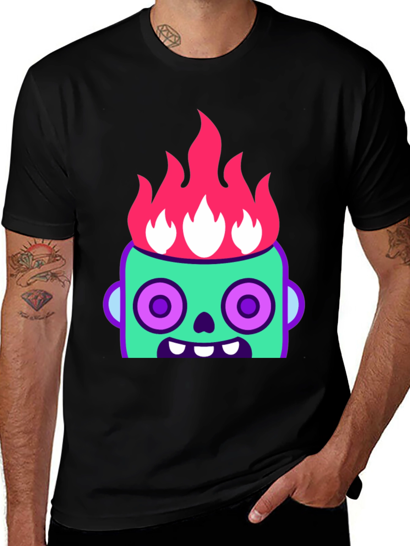 Variant 23 of Flaming Zombie Head Graphic Tee - Black