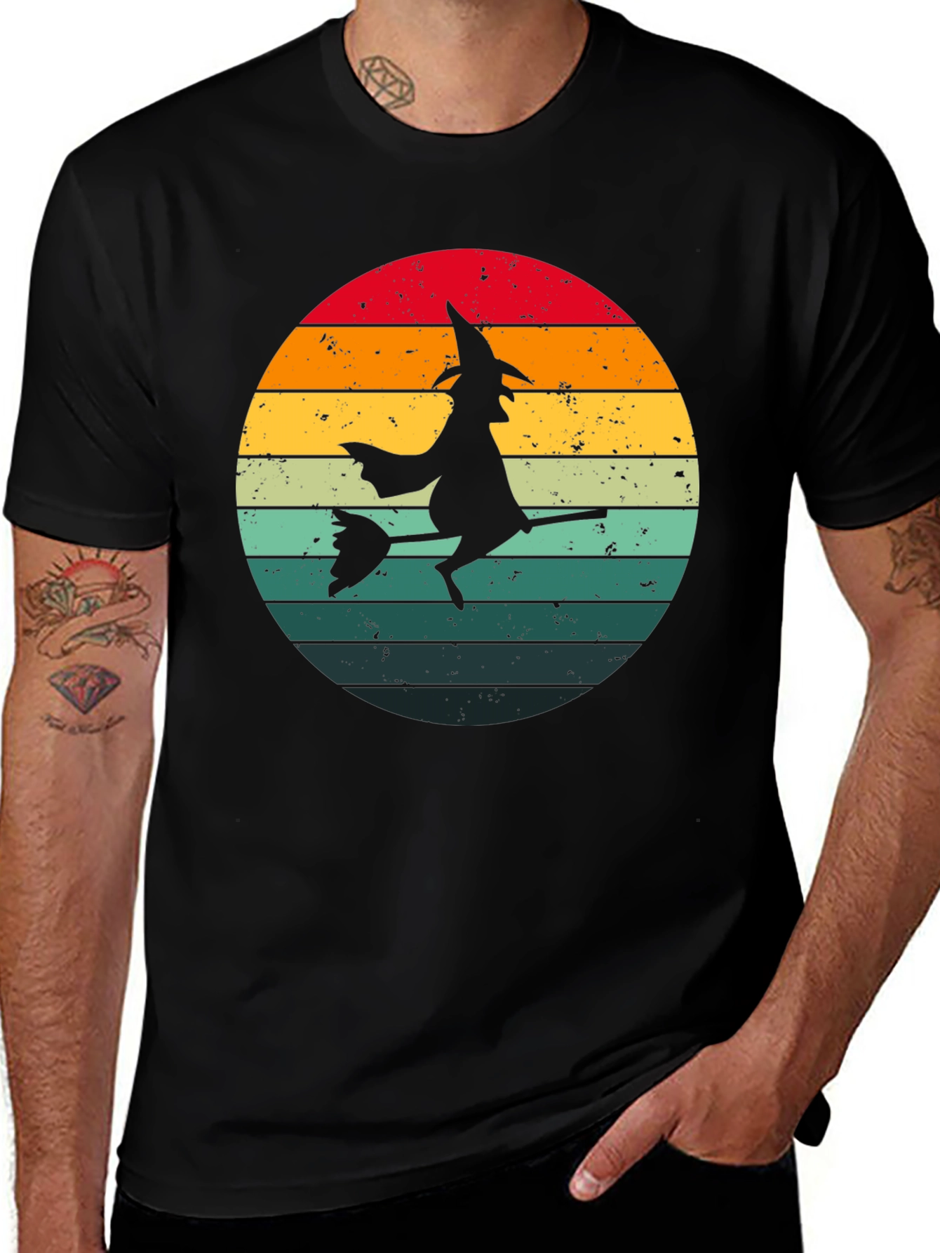 Black Witch Silhouette Retro Sunset T-Shirt main image