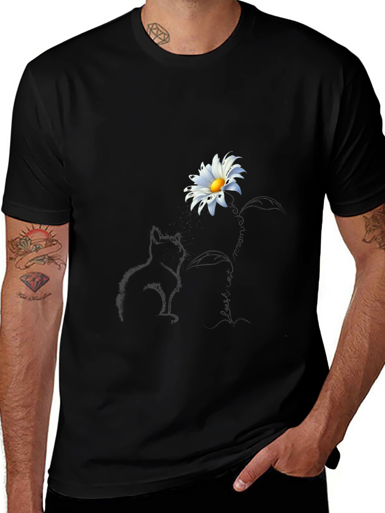 Variant 3 of Black T-Shirt with Cat and Daisy Design