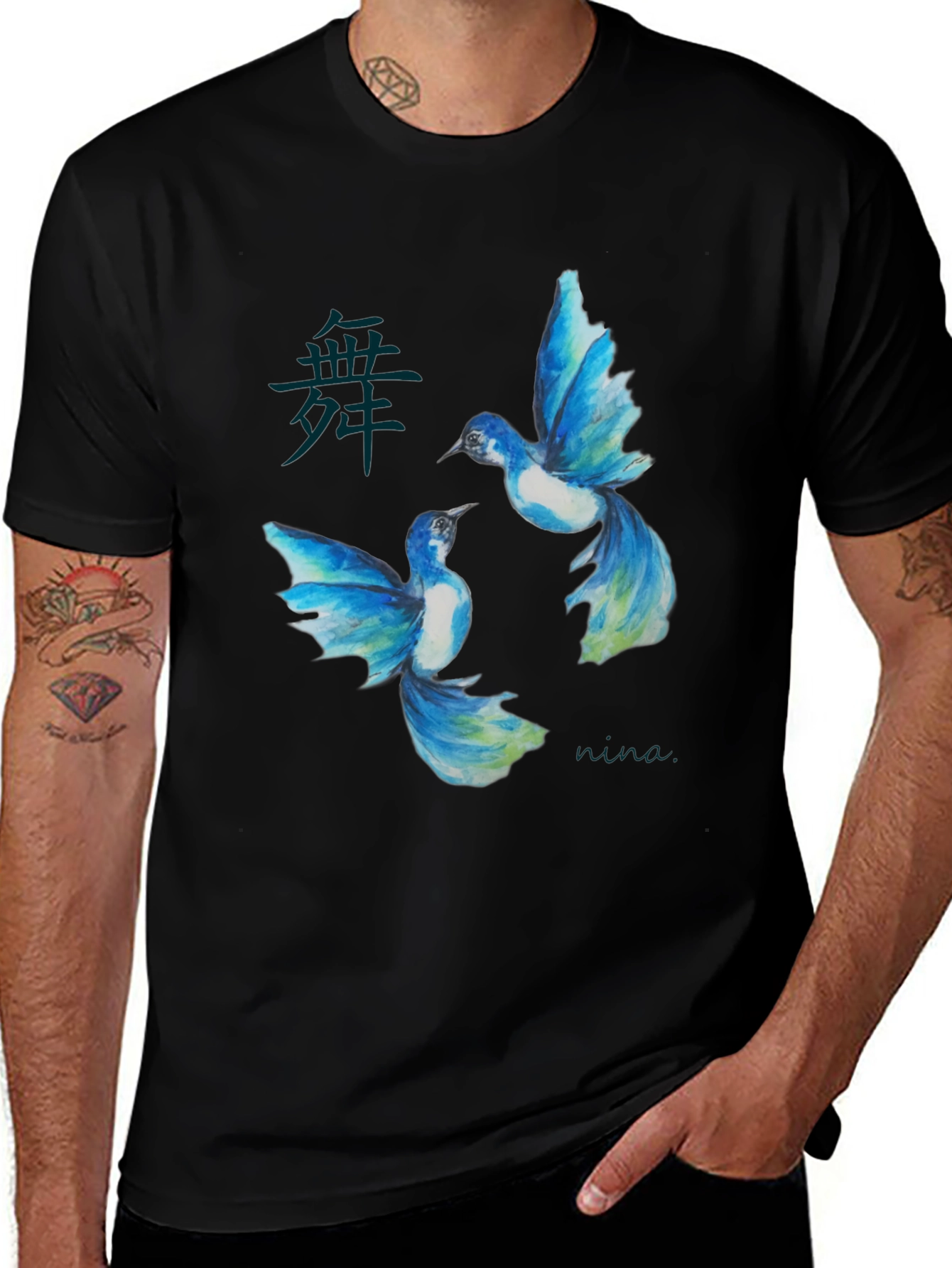 Black Watercolor Bird Graphic Black T-Shirt main image