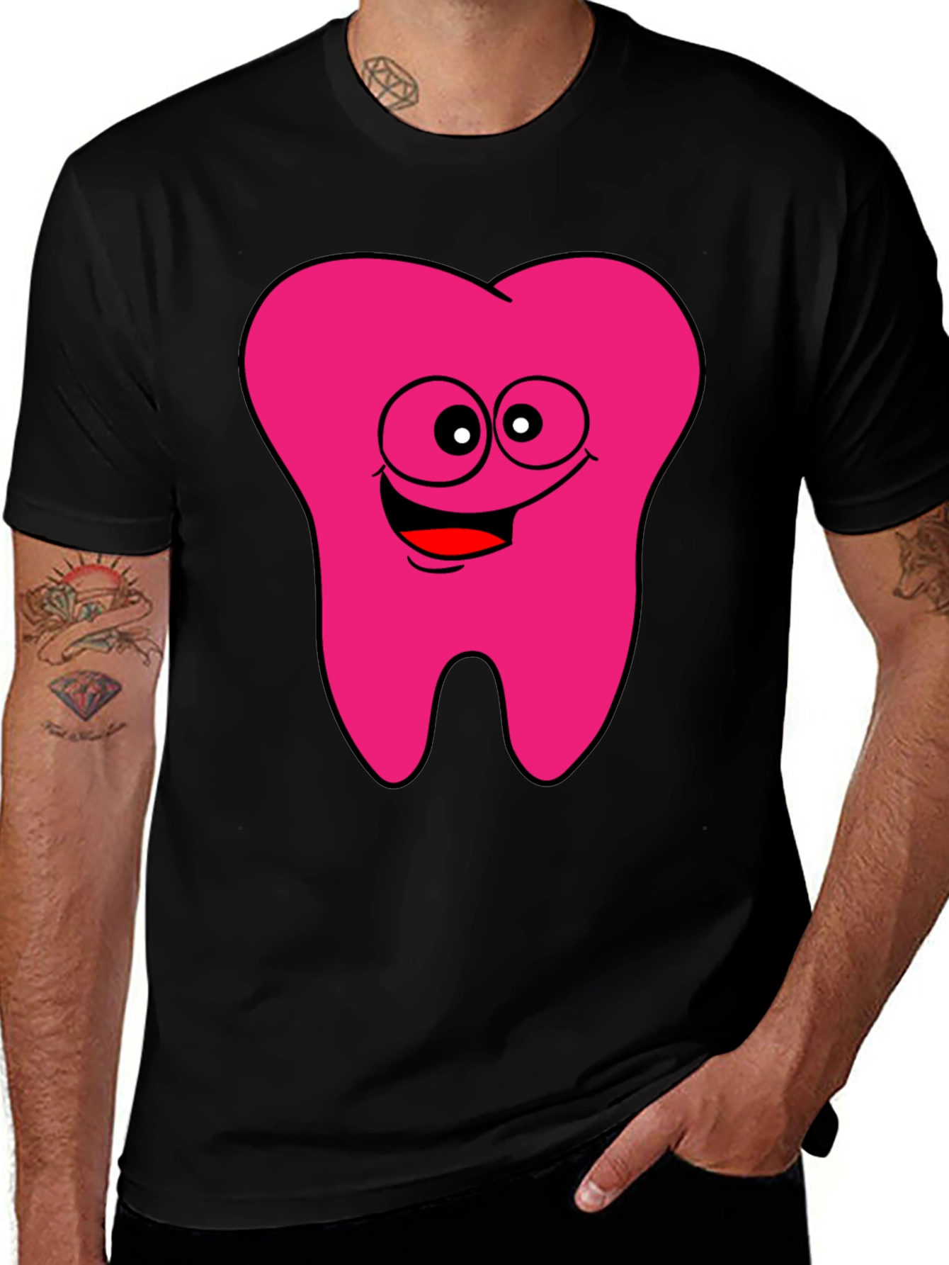 Variant 12 of Funny Pink Tooth Cartoon Graphic T-Shirt - Black