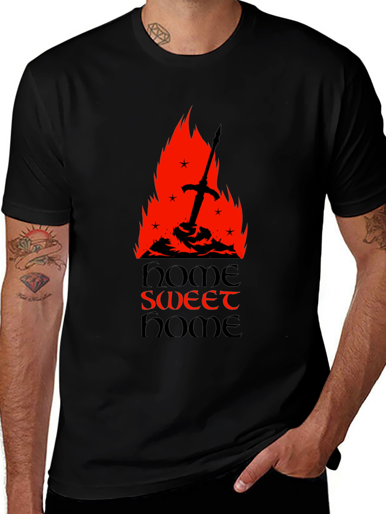 Variant 14 of Home Sweet Home Graphic Tee - Sword & Flame Design