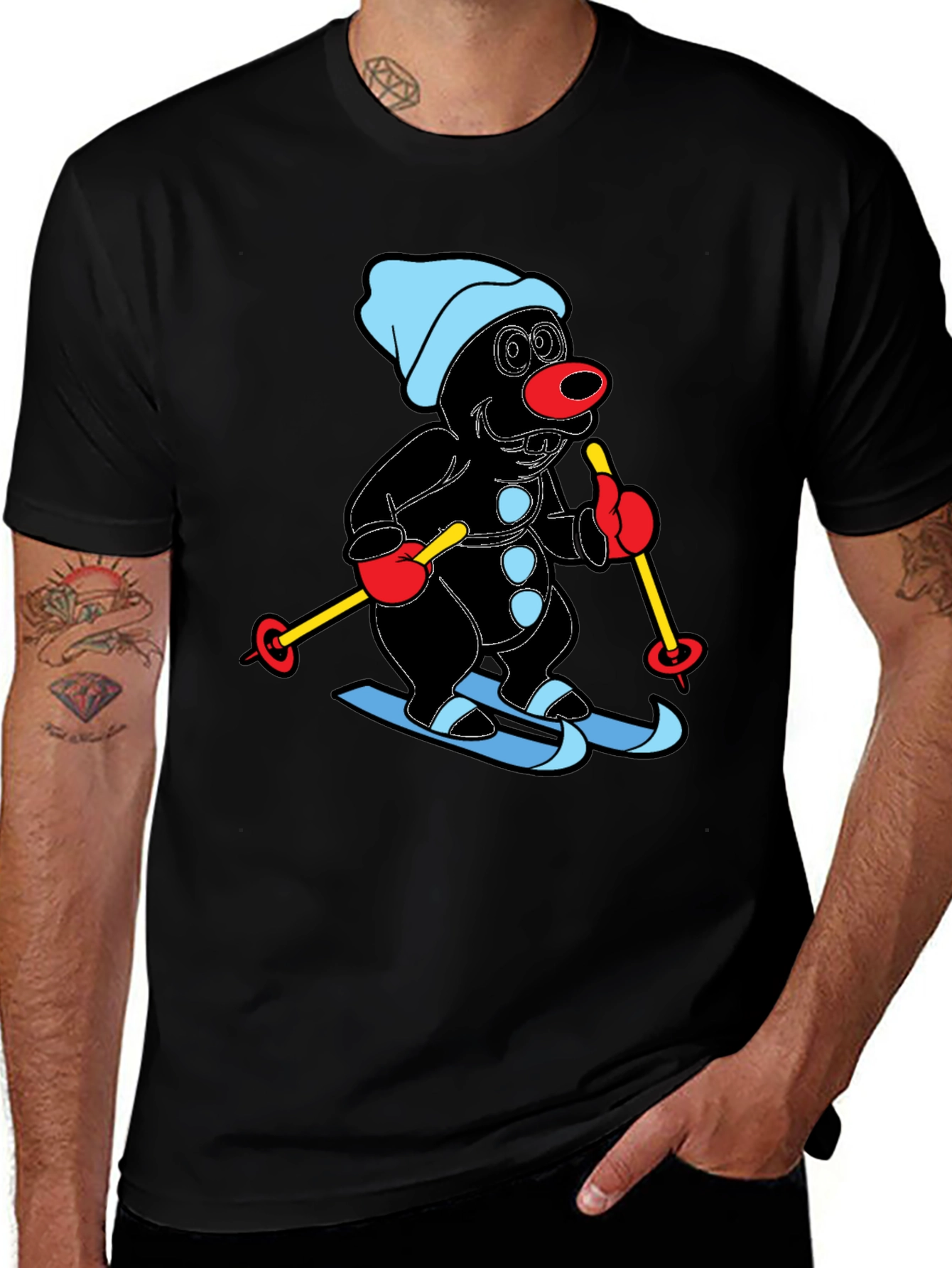 Variant 12 of Cartoon Mole Skiing Graphic Black T-Shirt