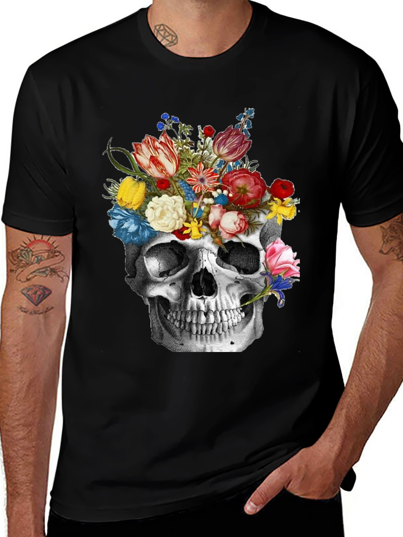 Variant 25 of Floral Skull Graphic Tee - Black