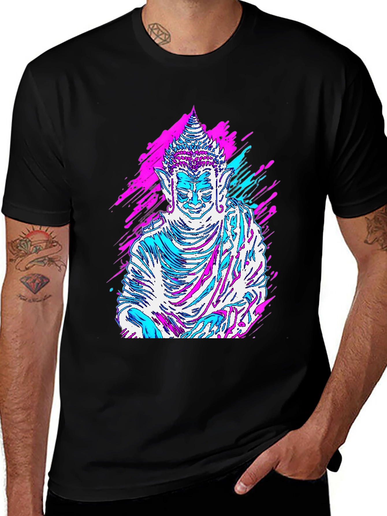 Variant 22 of Vaporwave Buddha Graphic Tee - Black Cotton T-Shirt