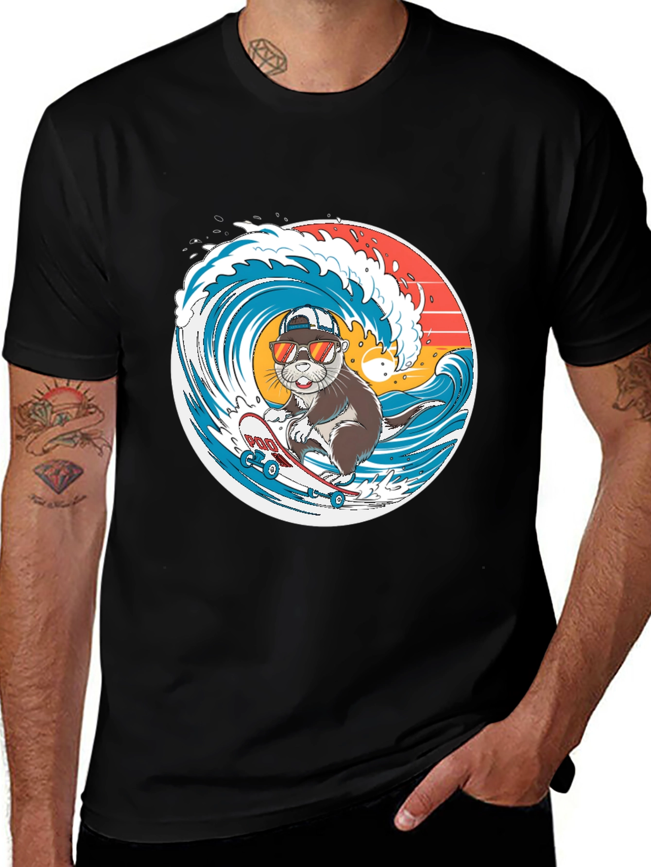 Variant 17 of Cool Otter Skateboarder Graphic Tee - Black
