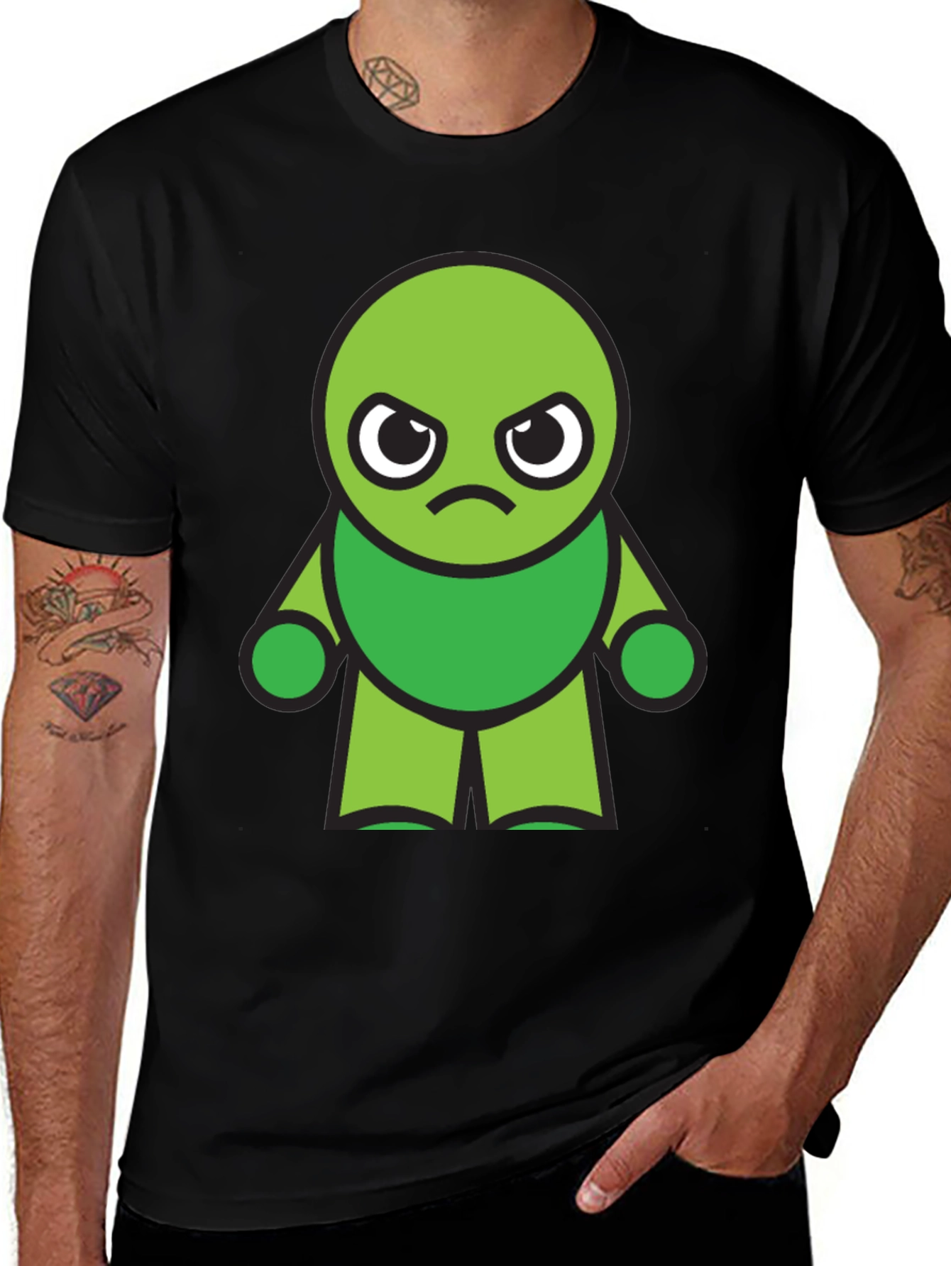 Black Grumpy Green Cartoon Character Black T-Shirt main image