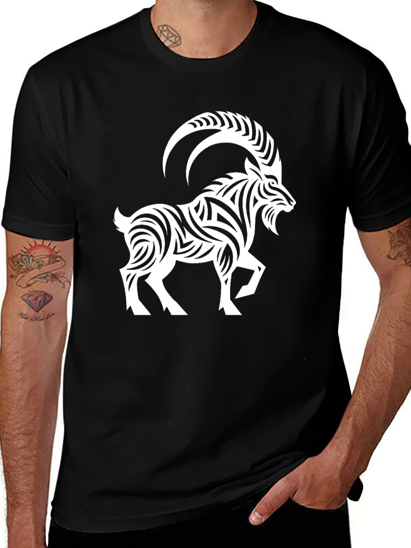 Variant 8 of Tribal Goat Graphic Tee - Stylish Black T-Shirt