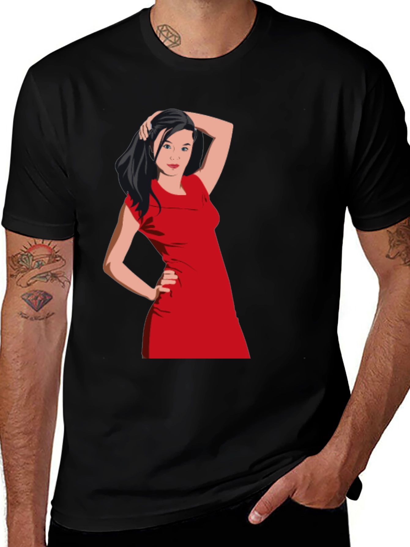 Variant 9 of Black T-Shirt with Woman in Red Dress Graphic