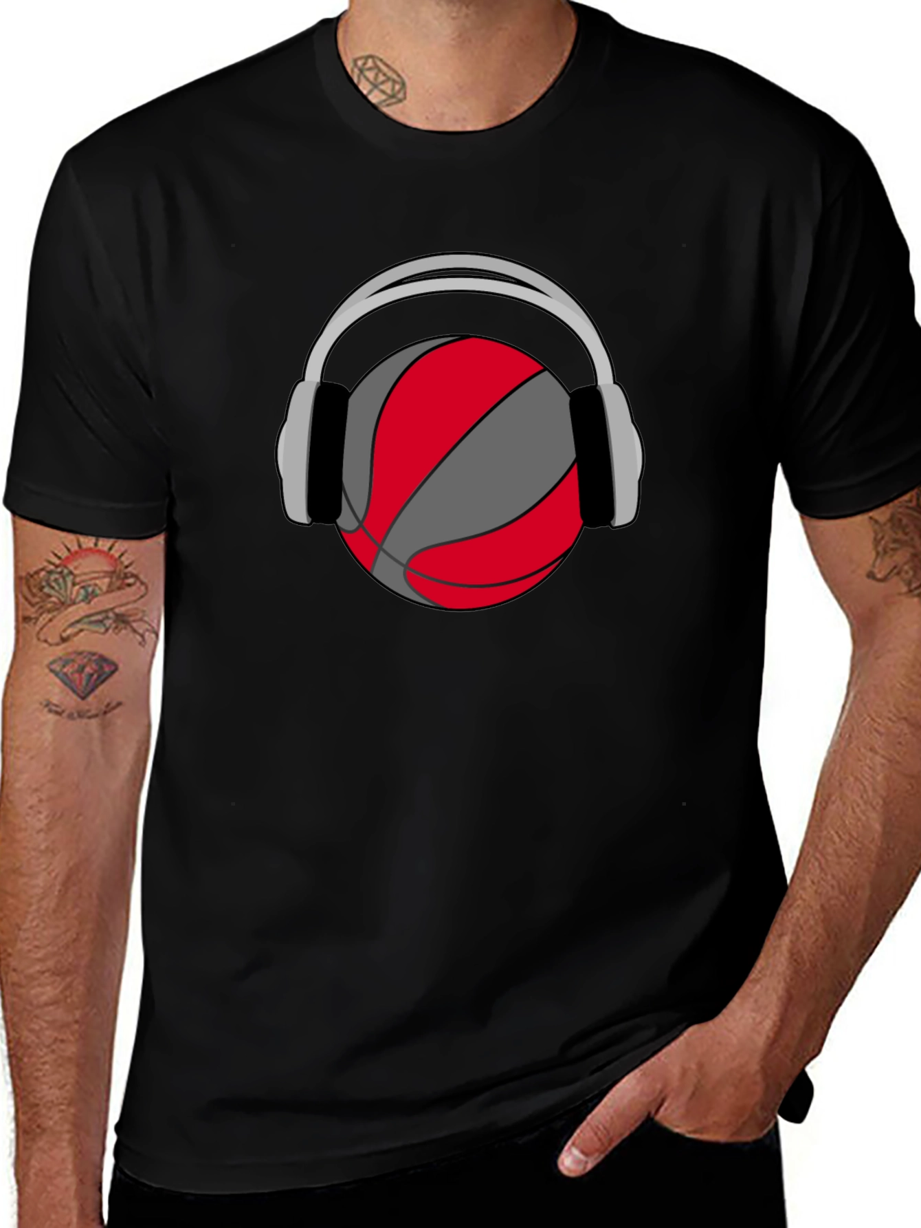 Variant 23 of Basketball Headphones Graphic Tee - Black Cotton T-Shirt