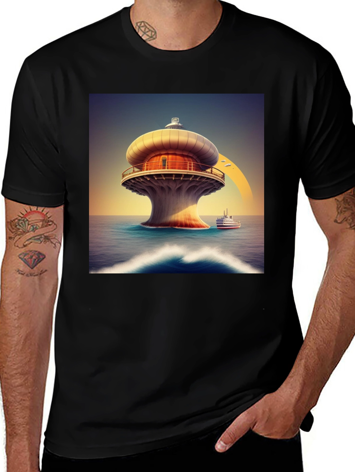 Variant 3 of Modern Lighthouse T-Shirt - Black Graphic Tee