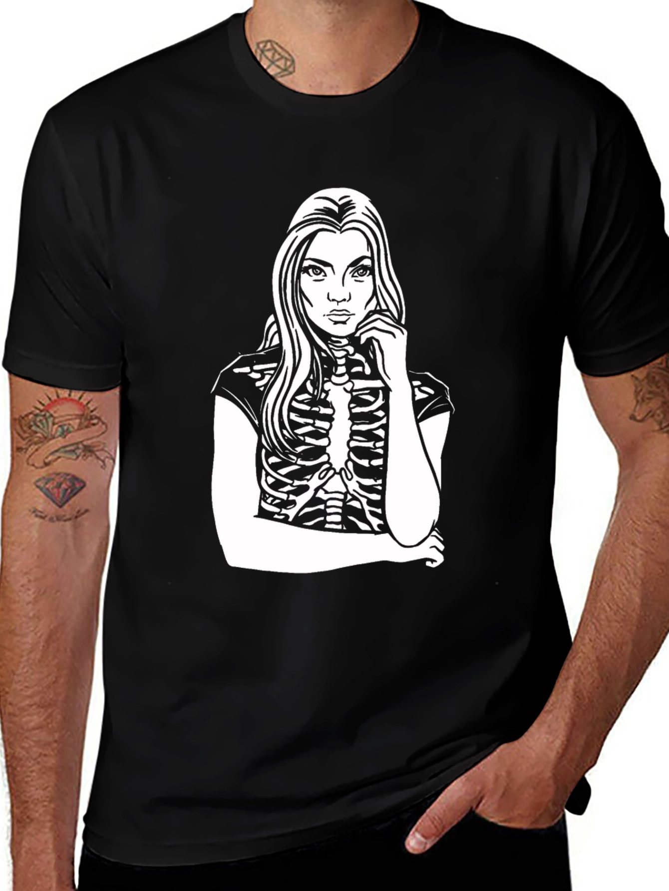 Variant 7 of Skeleton Girl Graphic Tee - Black Cotton Blend