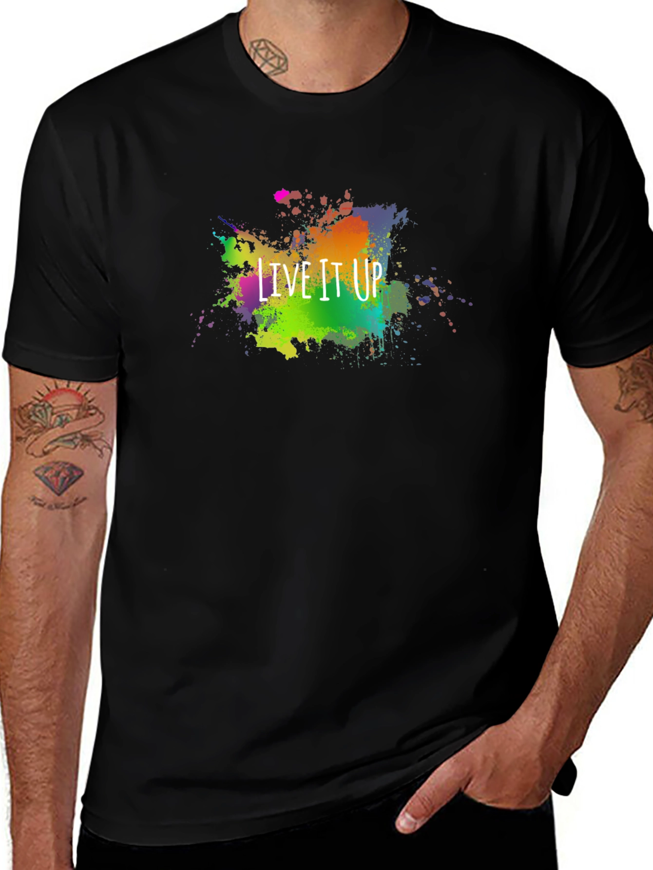 Variant 14 of Live It Up Black T-Shirt with Colorful Paint Splatter Design