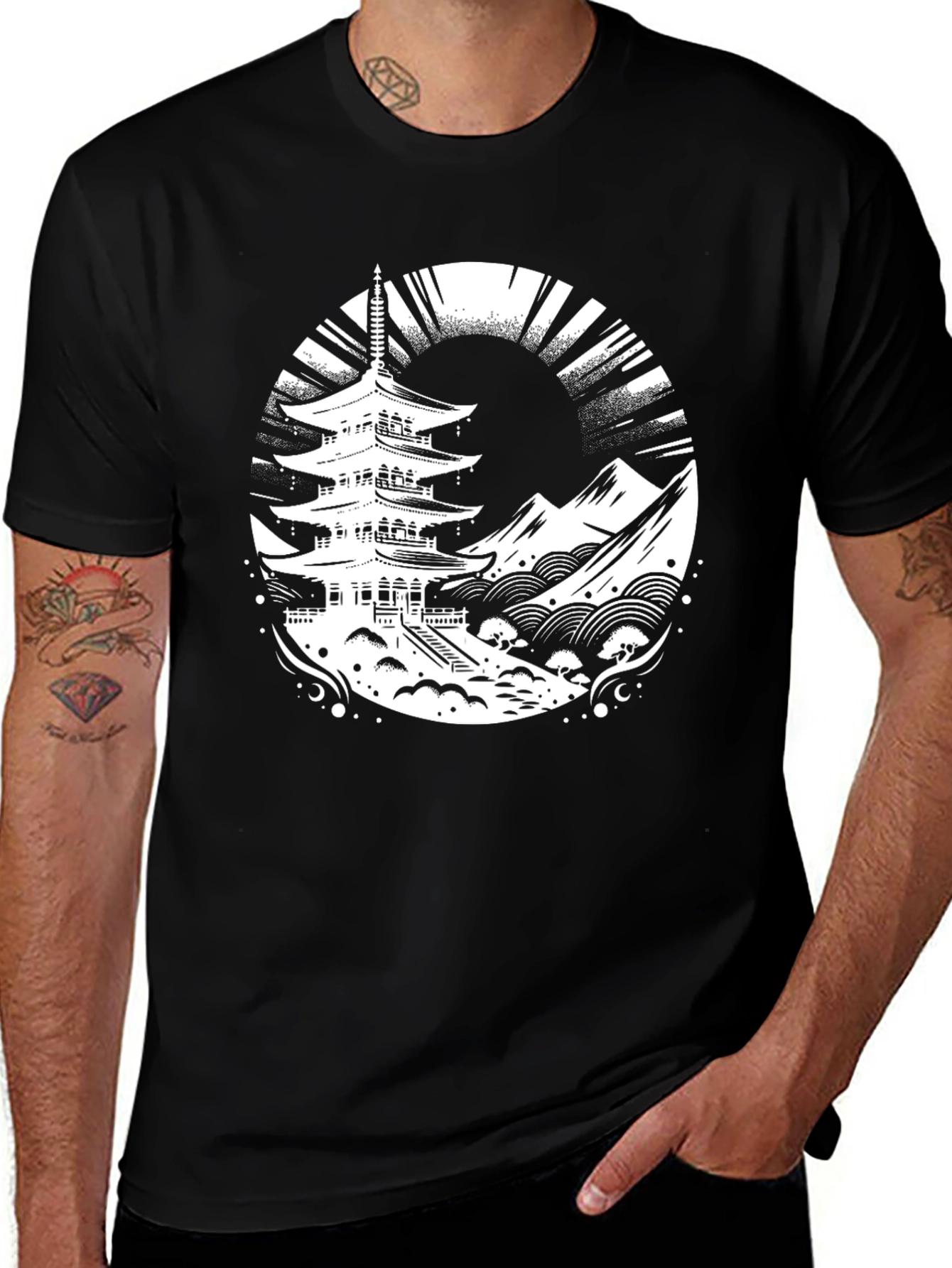 Variant 12 of Pagoda Graphic Tee - Stylish Black T-Shirt