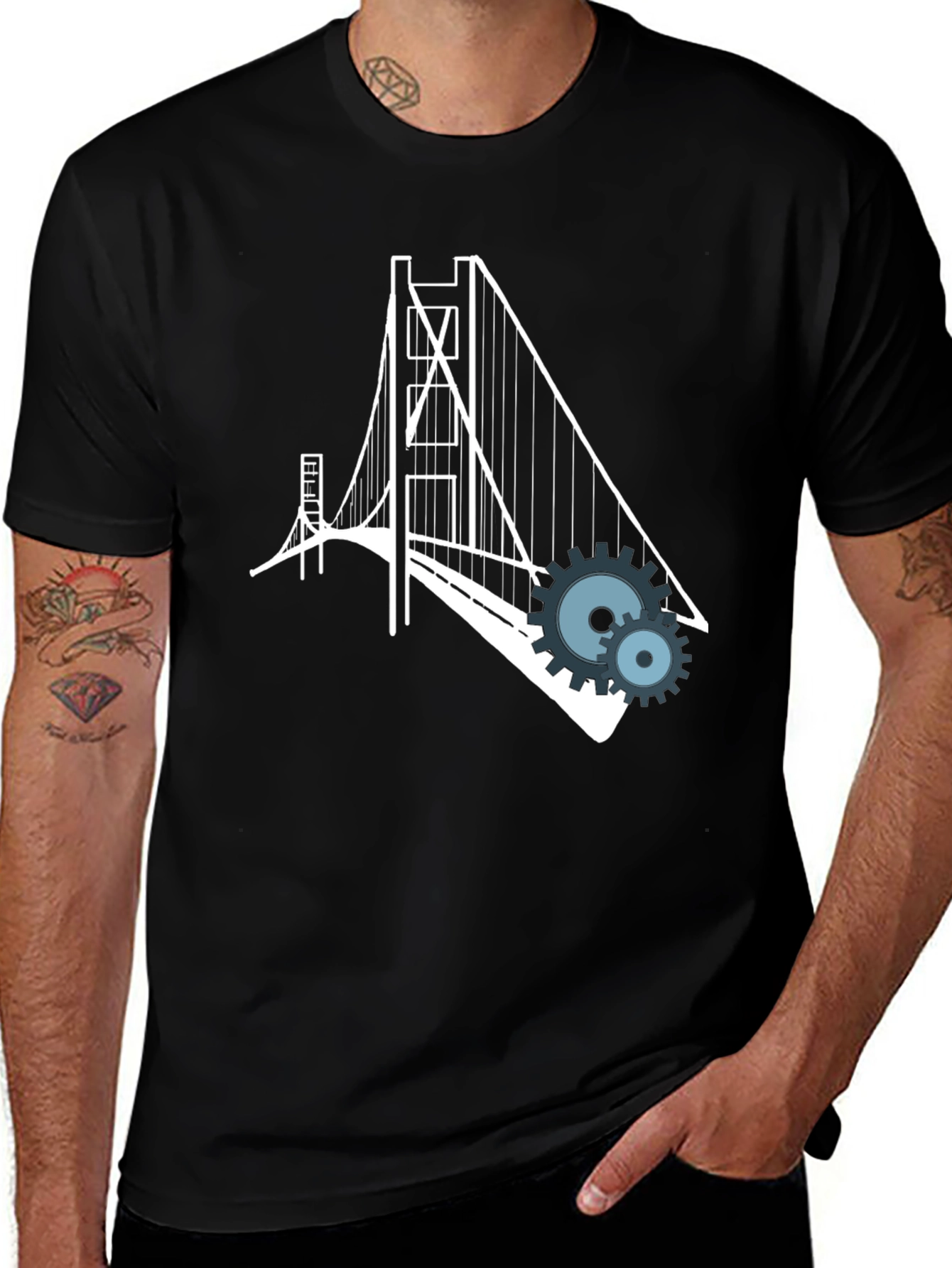 Variant 25 of Golden Gate Bridge Gears Graphic Tee - Black Cotton Blend
