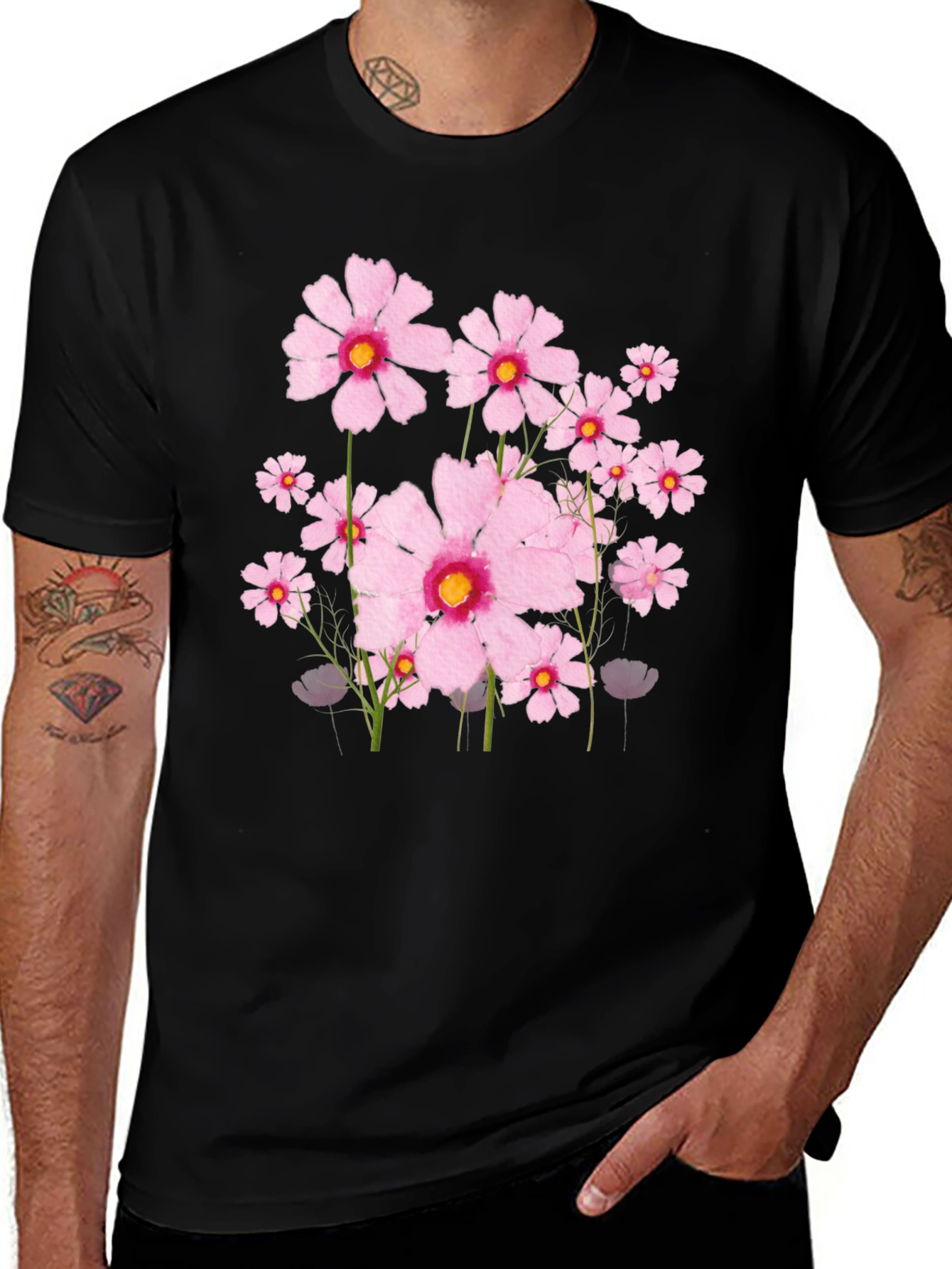 Floral Cosmos Print Black T-Shirt