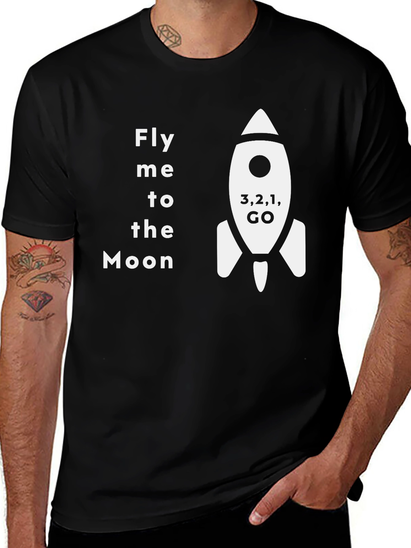 Variant 6 of Fly Me to the Moon T-Shirt Rocket Design Black