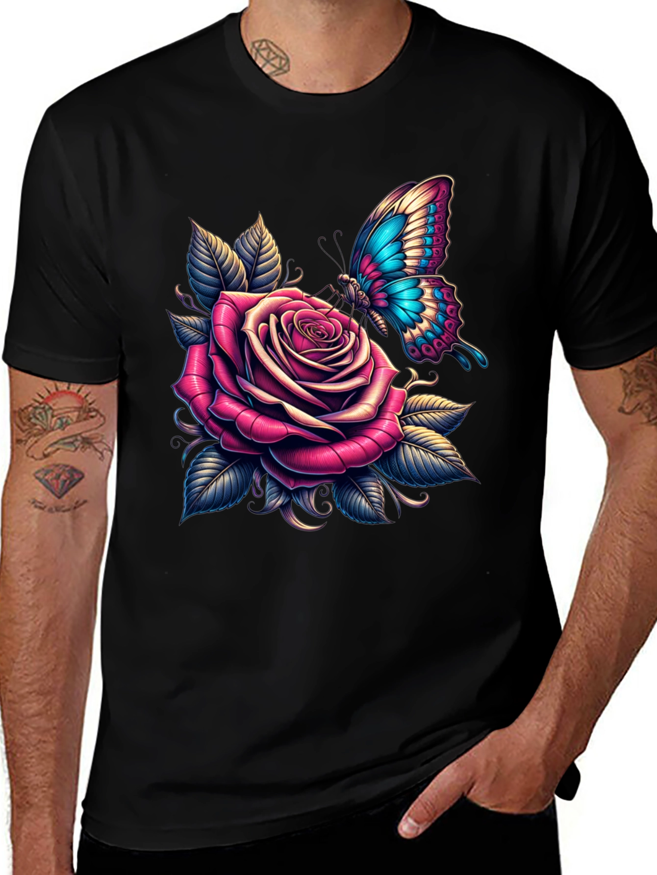 Variant 12 of Rose & Butterfly Graphic Tee - Stylish Black T-Shirt