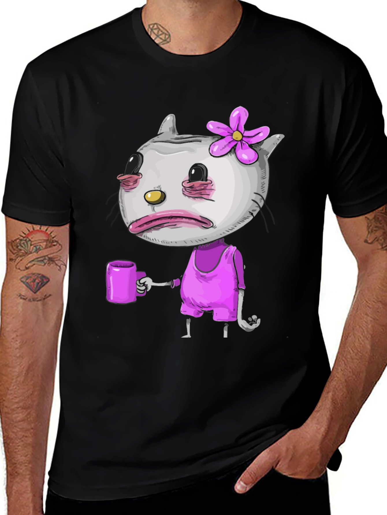 Sad Kitty Coffee Graphic Tee - Men's Black T-Shirt