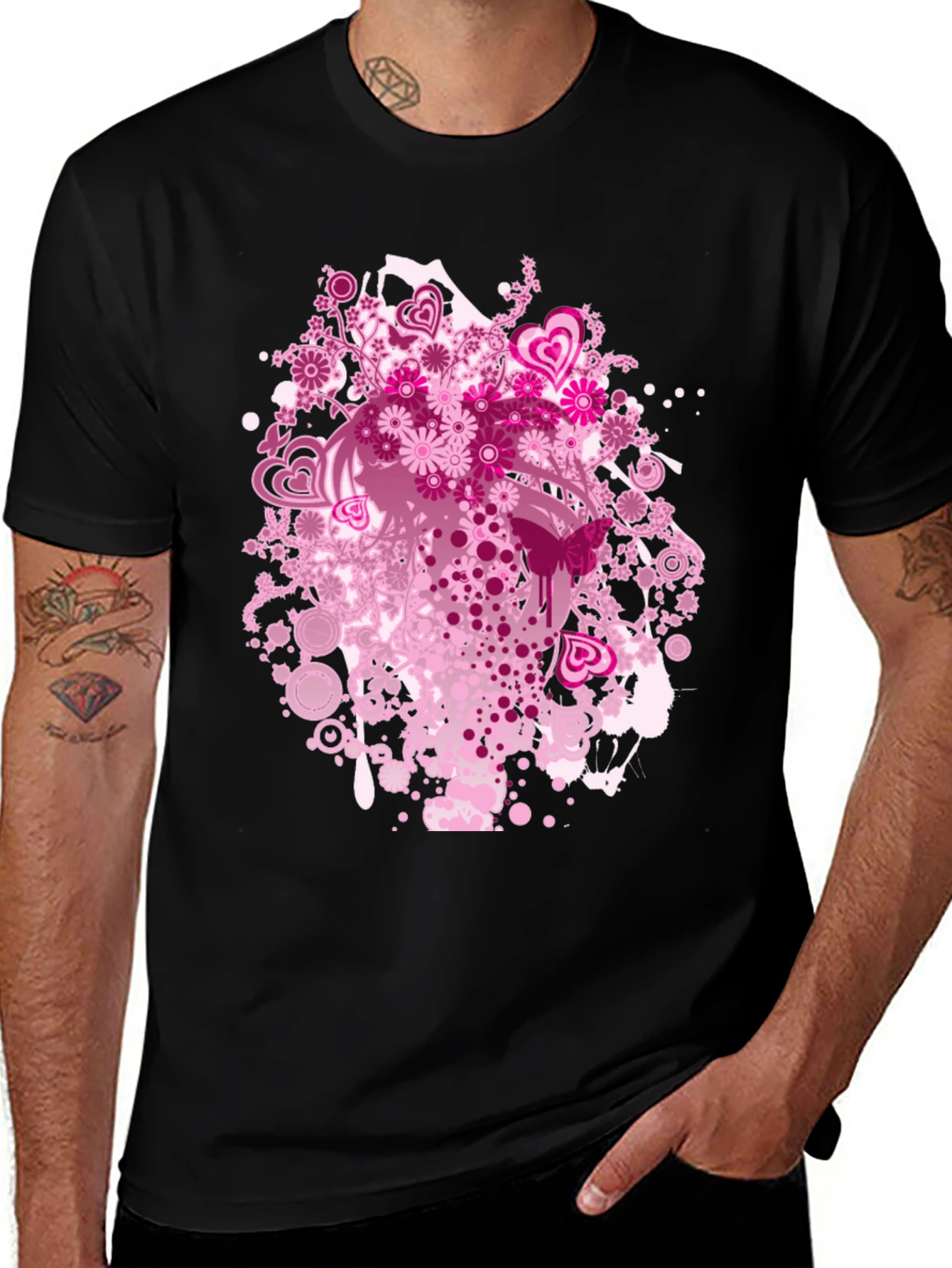 Variant 13 of Floral Hearts Graphic Black T-Shirt